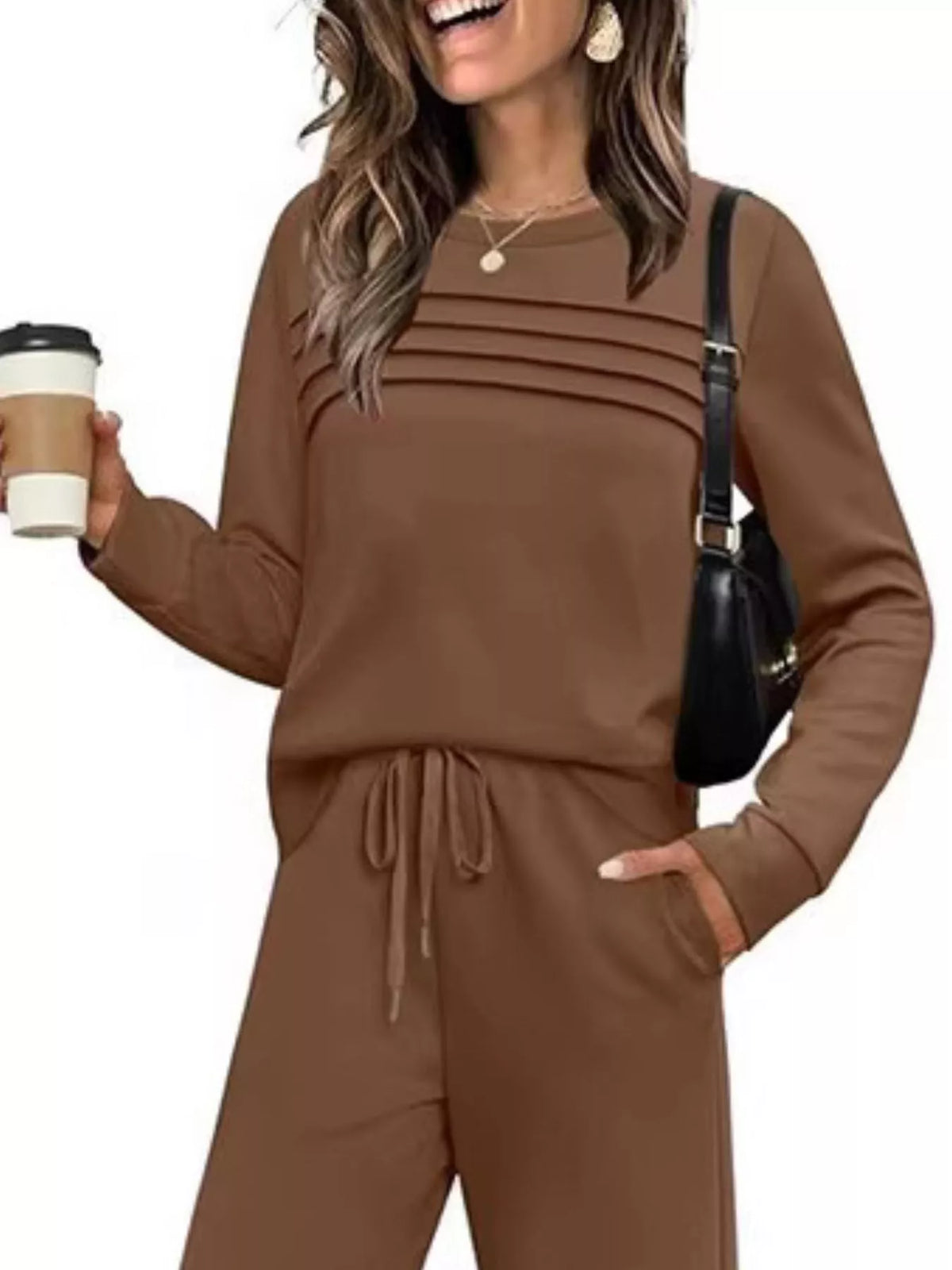 Long sleeve round neck top and pants set