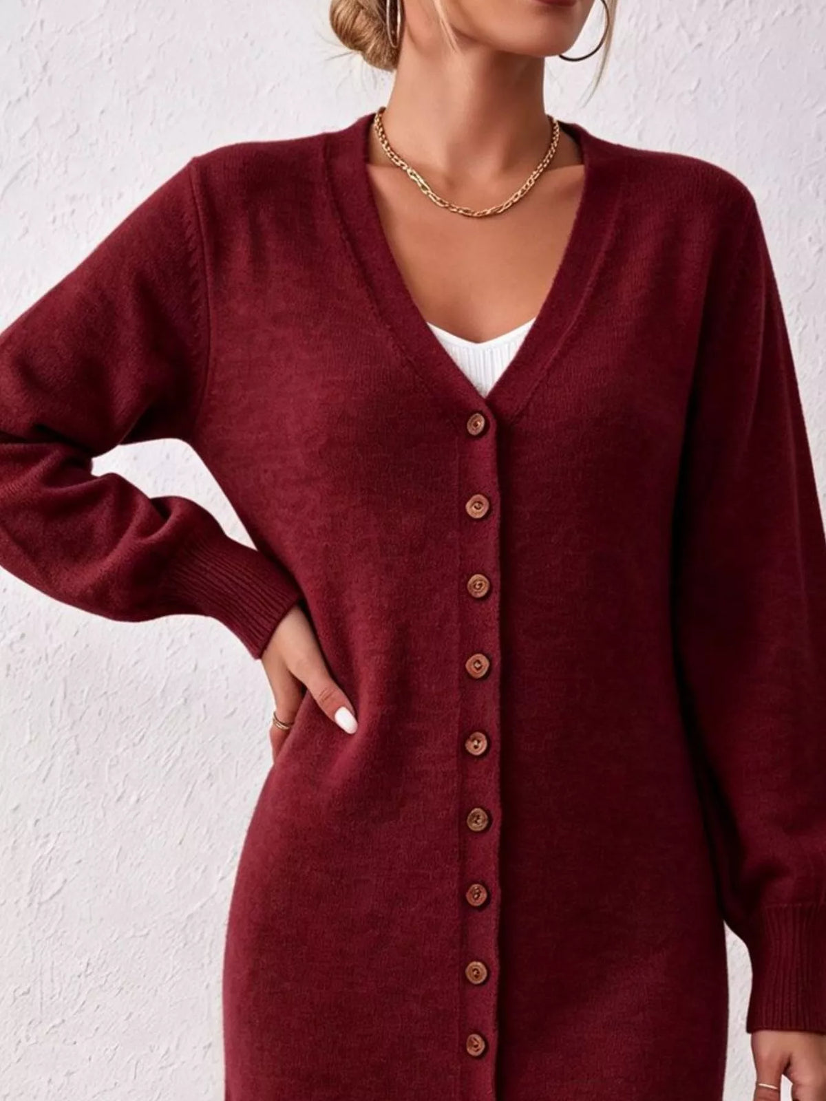 Elegant longline button-front cardigan with lantern sleeves