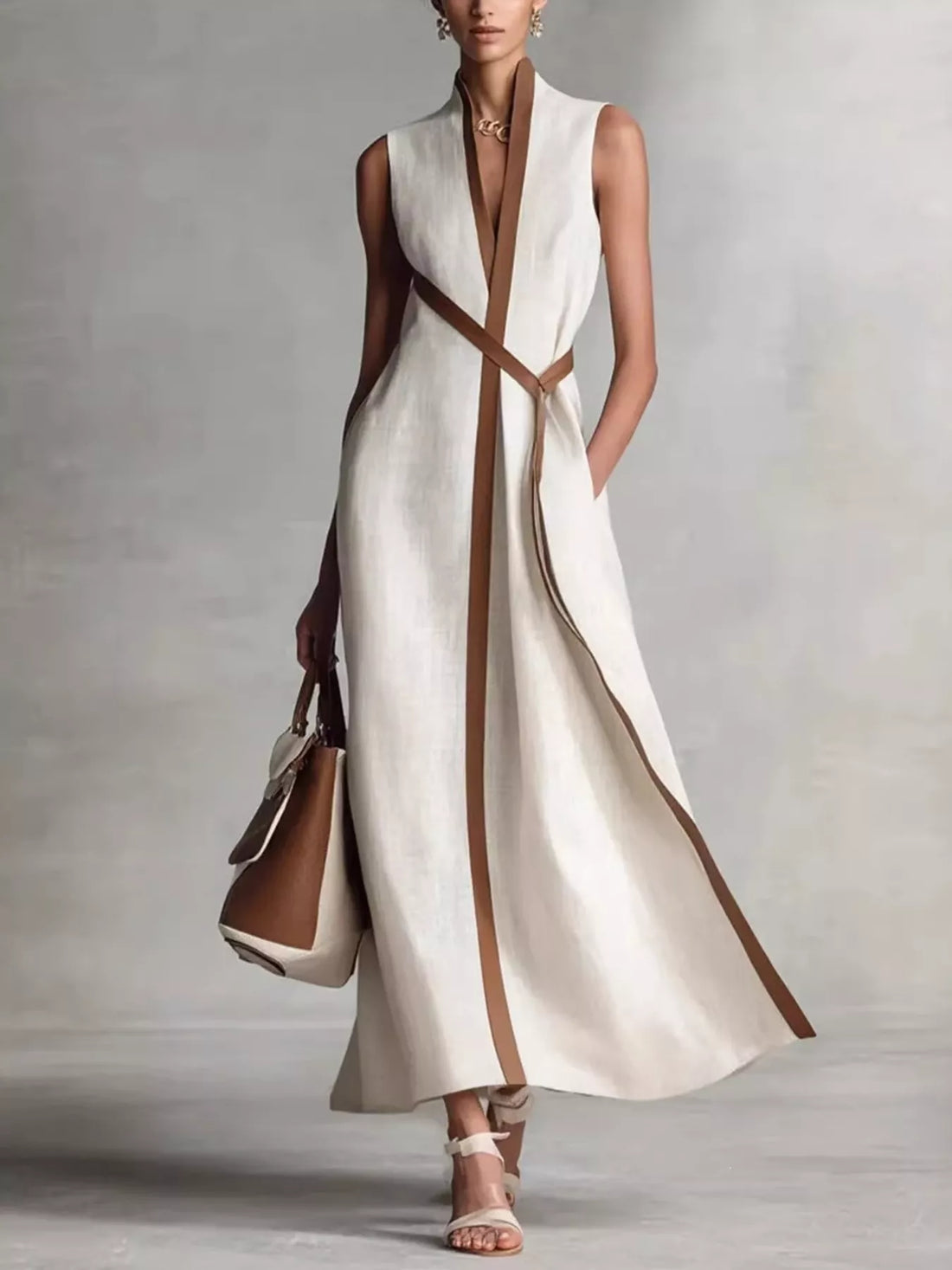 Sleeveless wrap maxi dress with contrast trim, White