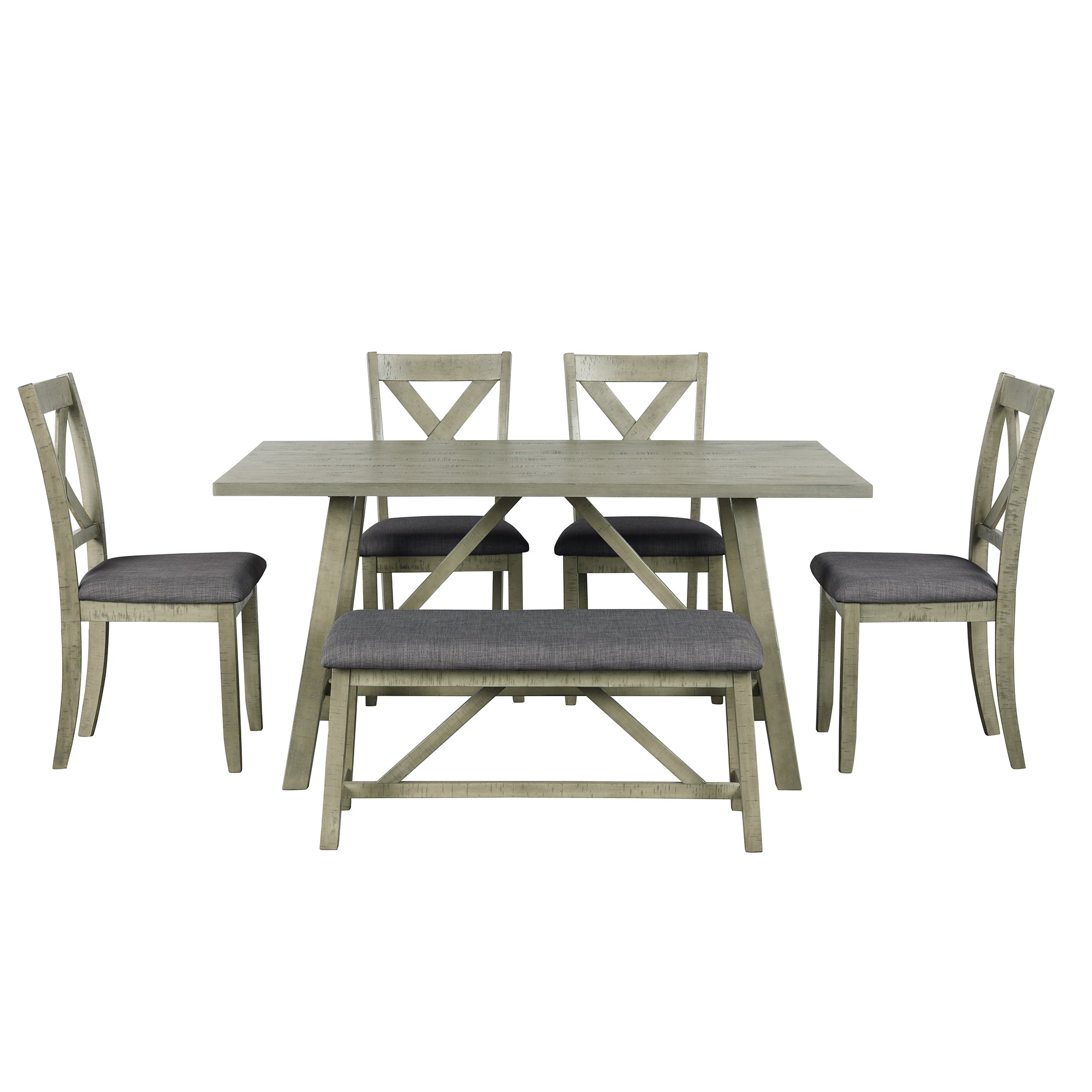 TOPMAX 6 Piece Dining Table Set Wood Dining Table and chair Kitchen Table Set with Table, Bench and 4 Chairs  Rustic Style Gray