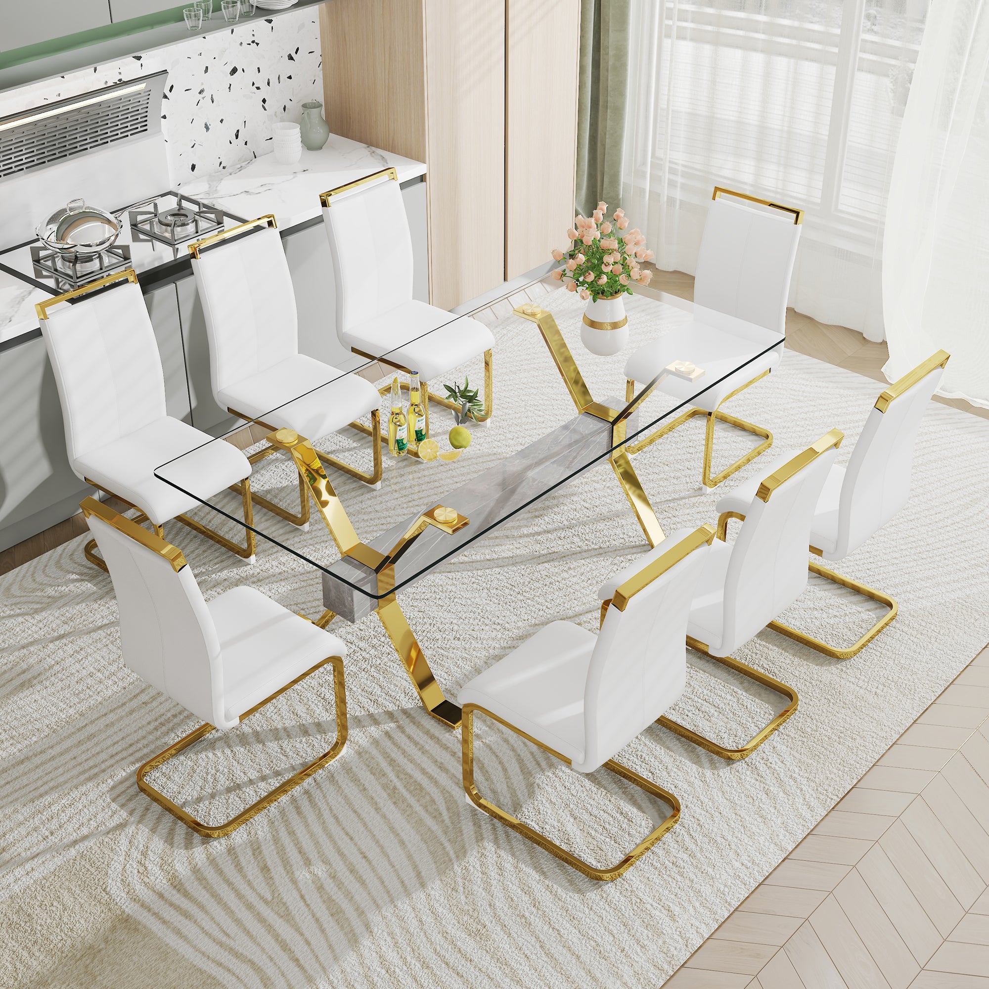 Dining table Modern tempered glass dining table Large modern office desk with gold plated metal legs and MDF crossbars