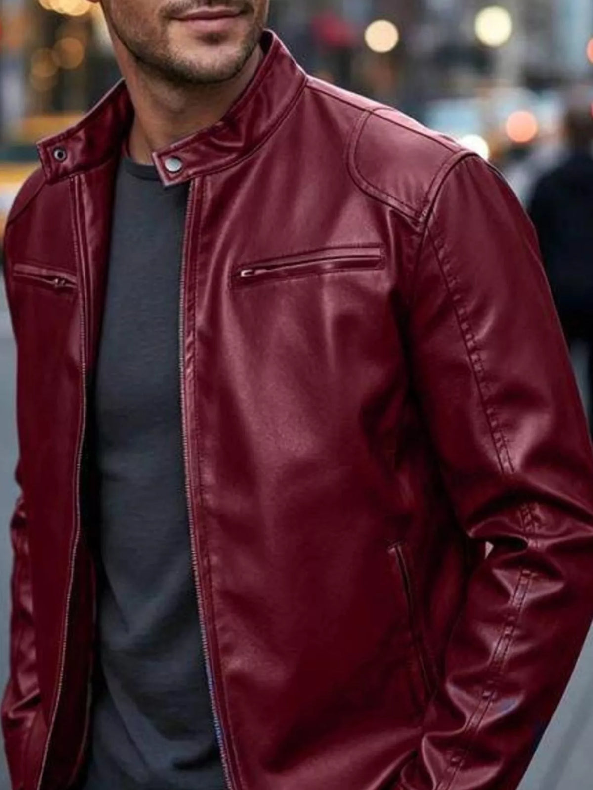 Faux leather bomber jacket with zipper pockets, Burgundy