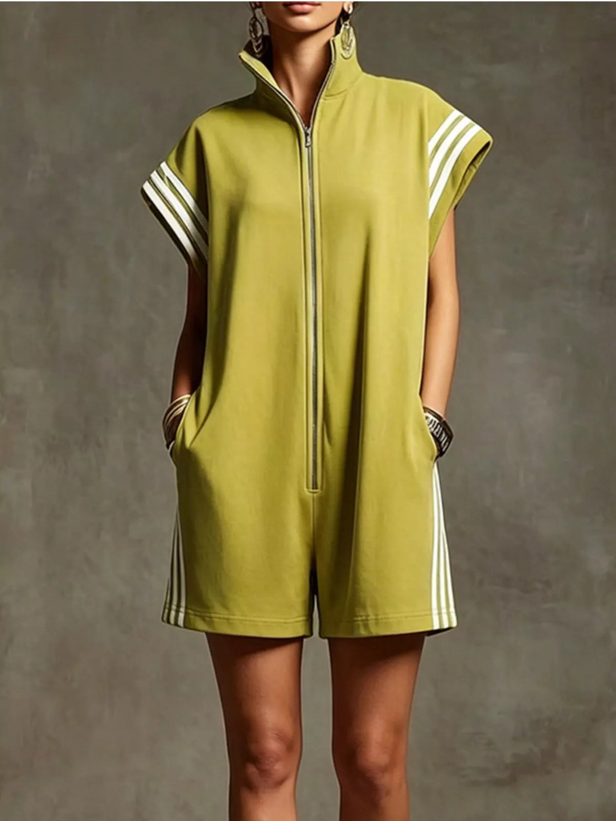 Striped zip front short sleeve romper, Mustard Color