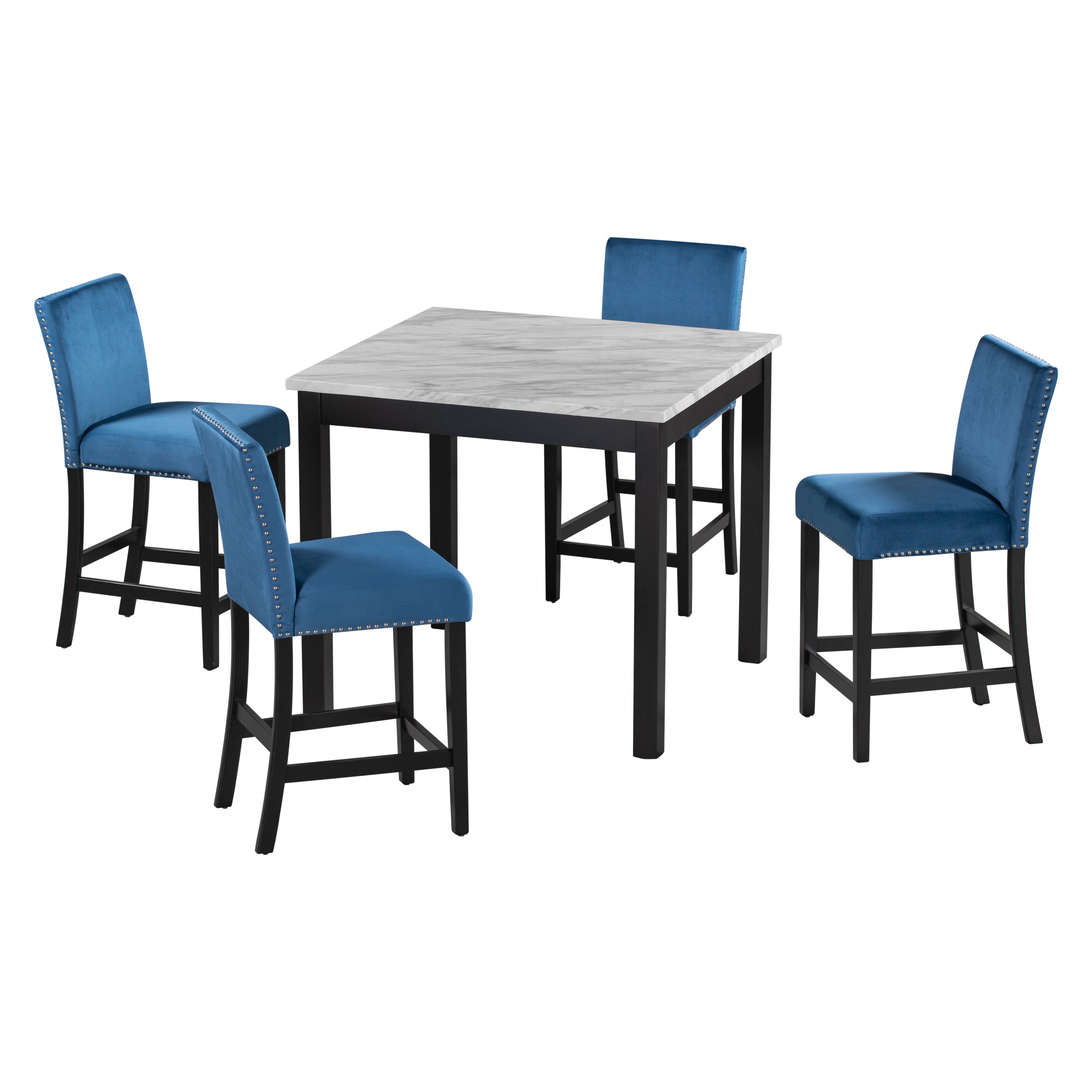 5-piece Counter Height Dining Table Set with One Faux Marble Dining Table and Four Upholstered-Seat Chairs Blue