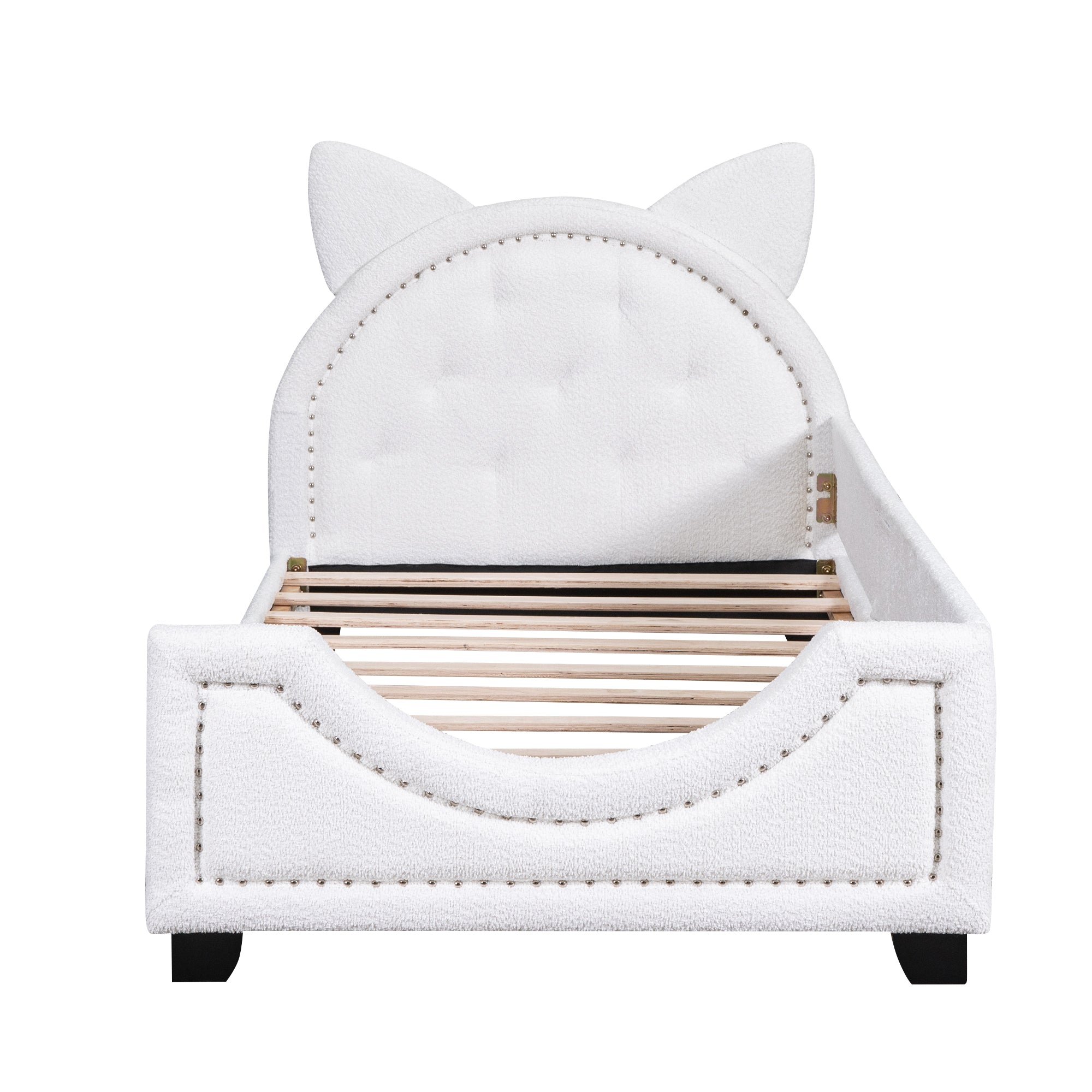 Teddy Fleece Twin Size Upholstered Daybed with Carton Ears Shaped Headboard  White