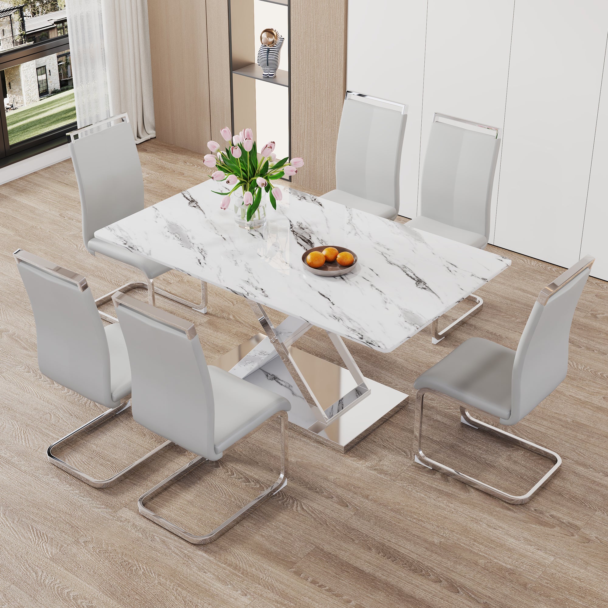 Modern white rectangular marble textured glass dining table and office desk Equipped with stainless steel base