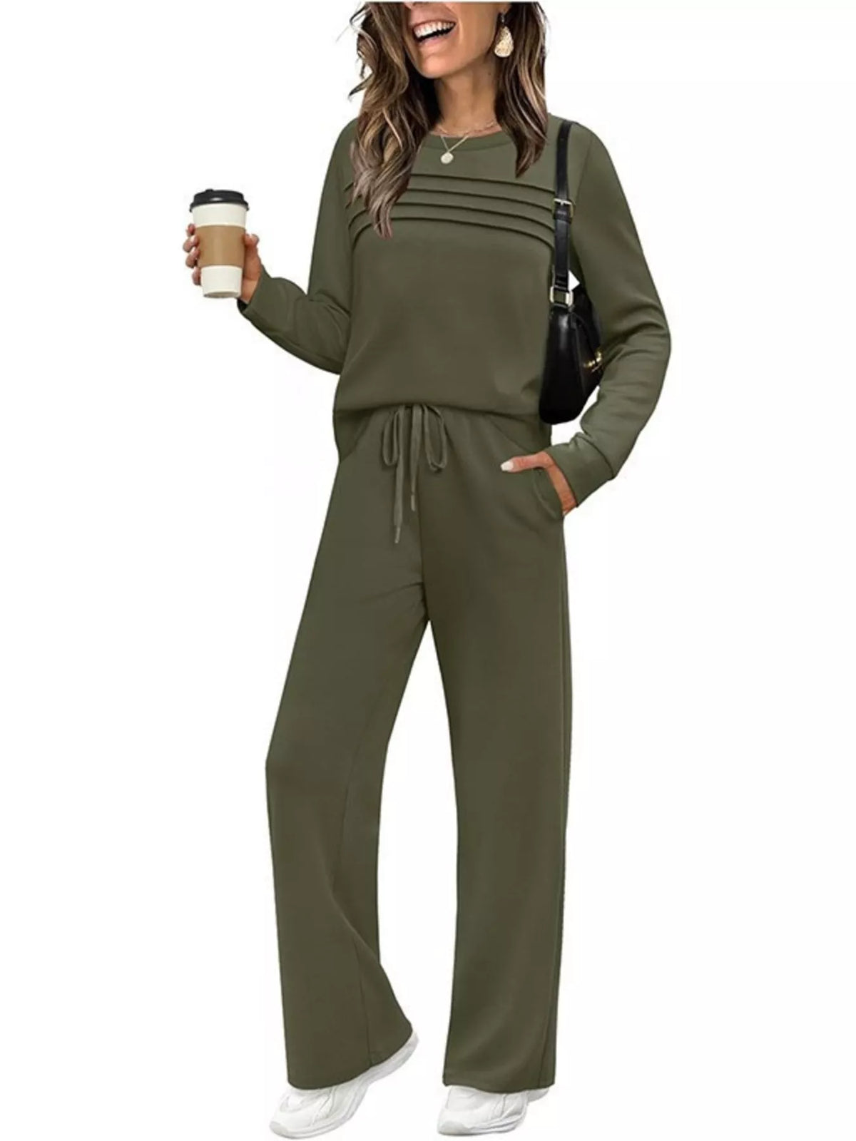 Long sleeve round neck top and pants set, Army Green