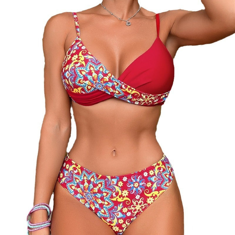 Bikini hard bag color blocking print flat angle cross split swimsuit for women