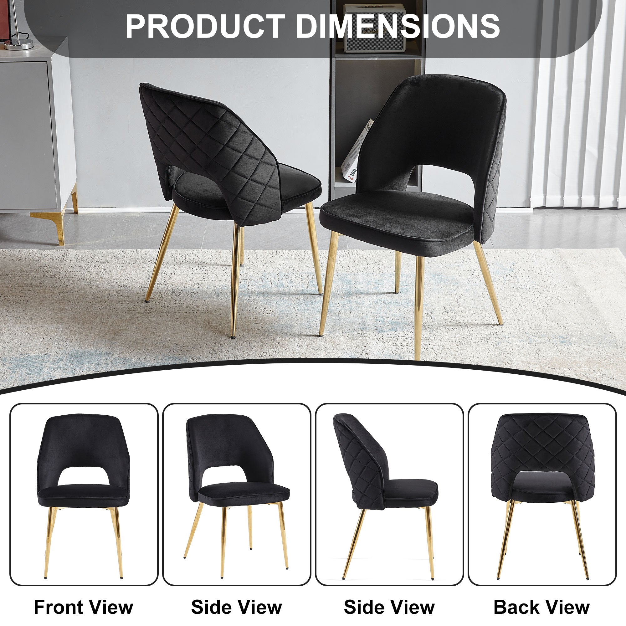 Black Velvet Dining Chairs with Metal Legs and Hollow Back Upholstered Dining Chairs Set of 4