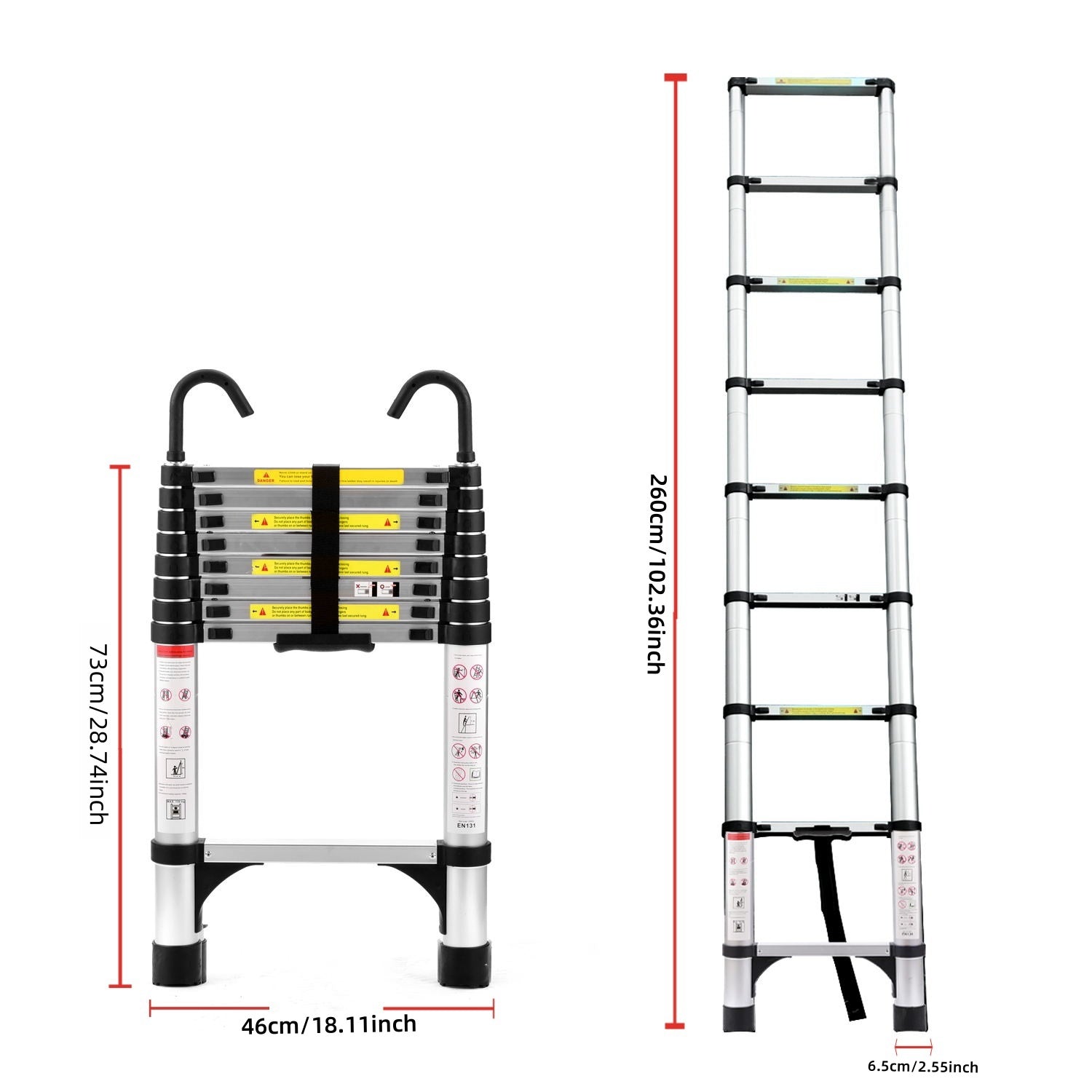 8.5FT telescopic ladder made of aluminum alloy, versatile folding telescopic ladder with hooks and triangular support frame