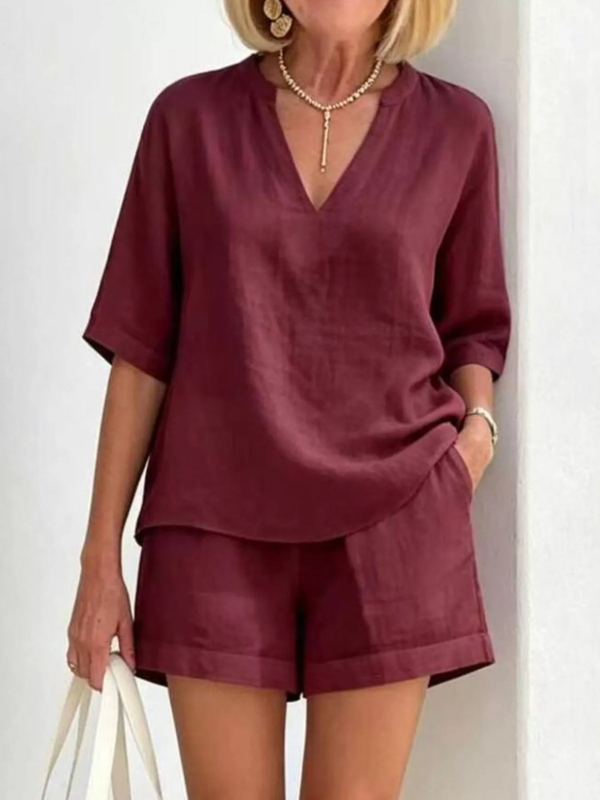Half-sleeve top and shorts set – burgundy