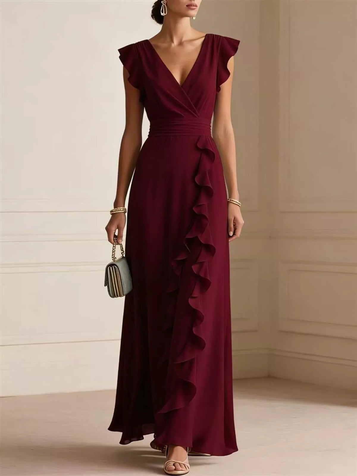 Ruffled surplice sleeveless maxi dress, Burgundy