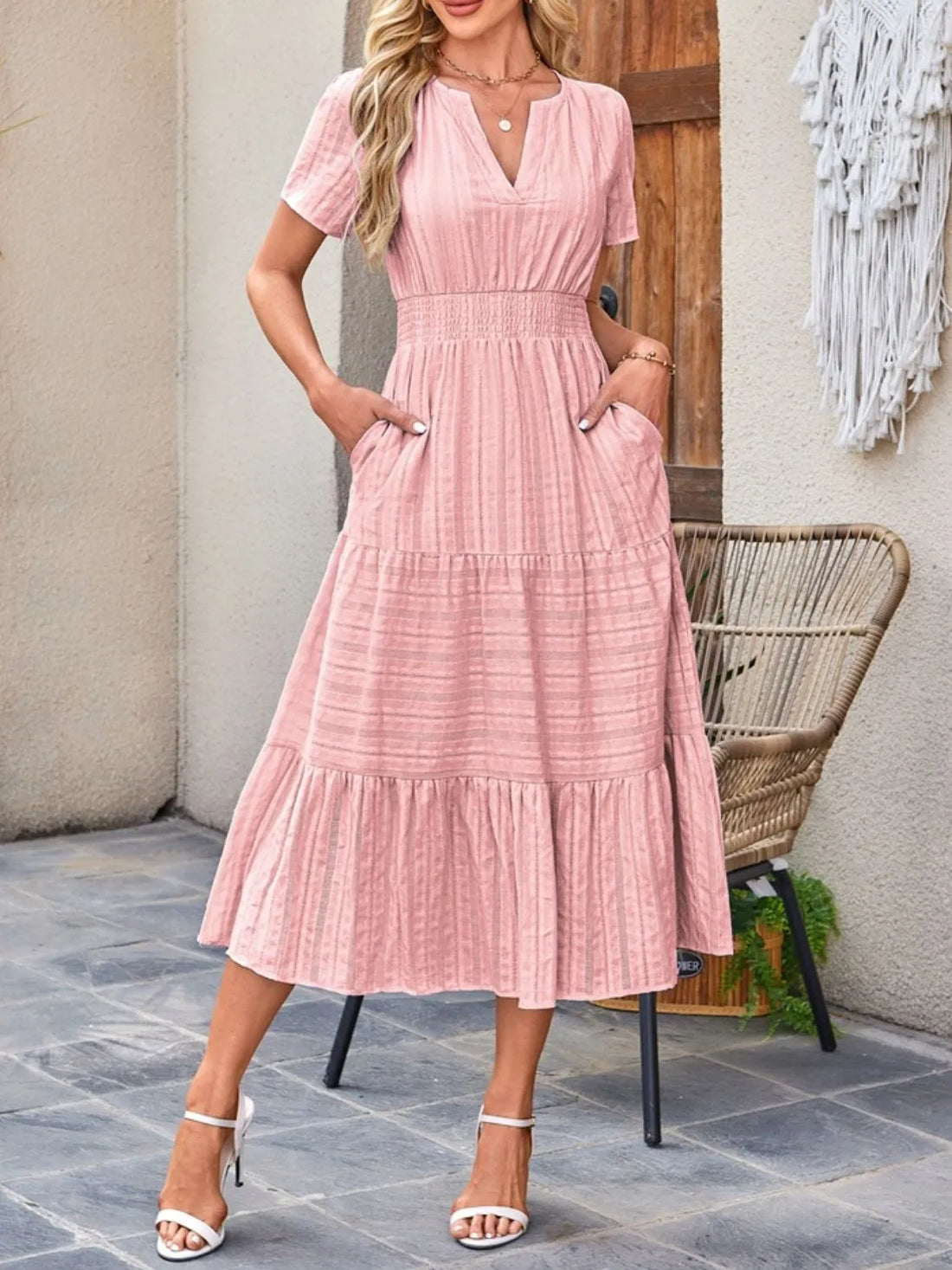 Tiered notched short sleeve dress, Blush Pink
