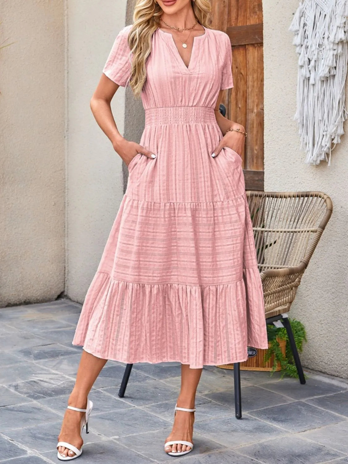 Tiered notched short sleeve dress, Blush Pink
