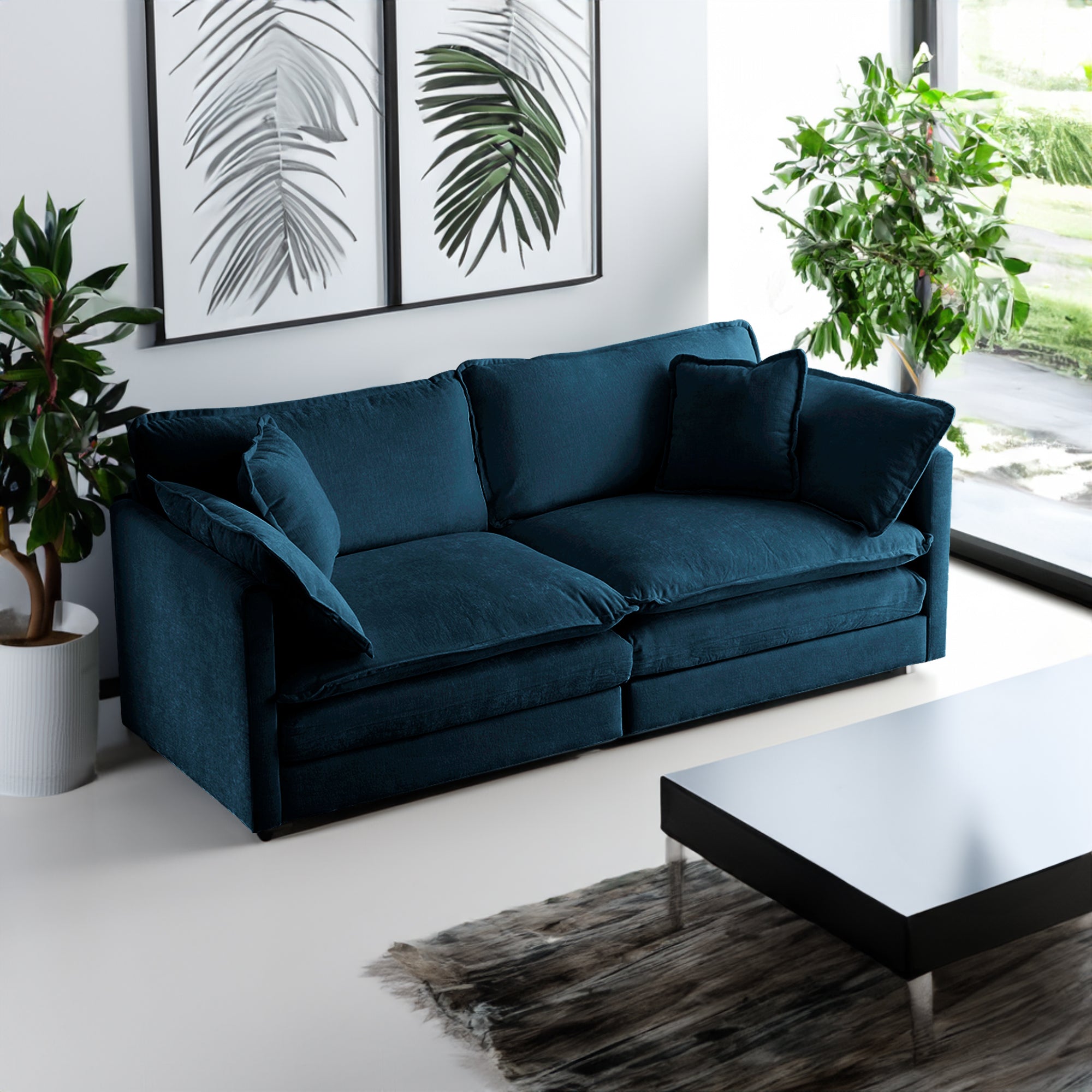 Modern Fabric Loveseat Sofa Couch for Living Room, Upholstered Large Size Deep Seat 2-Seat Sofa with 4 Pillows ,Blue Chenille