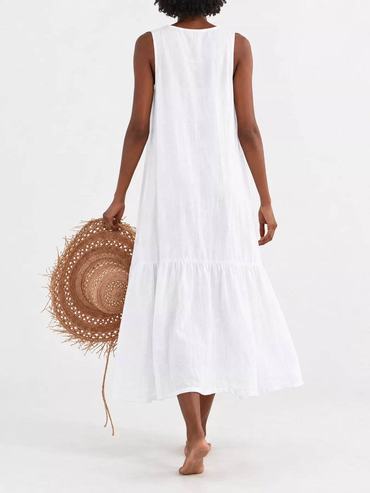 V-neck button front sleeveless midi dress