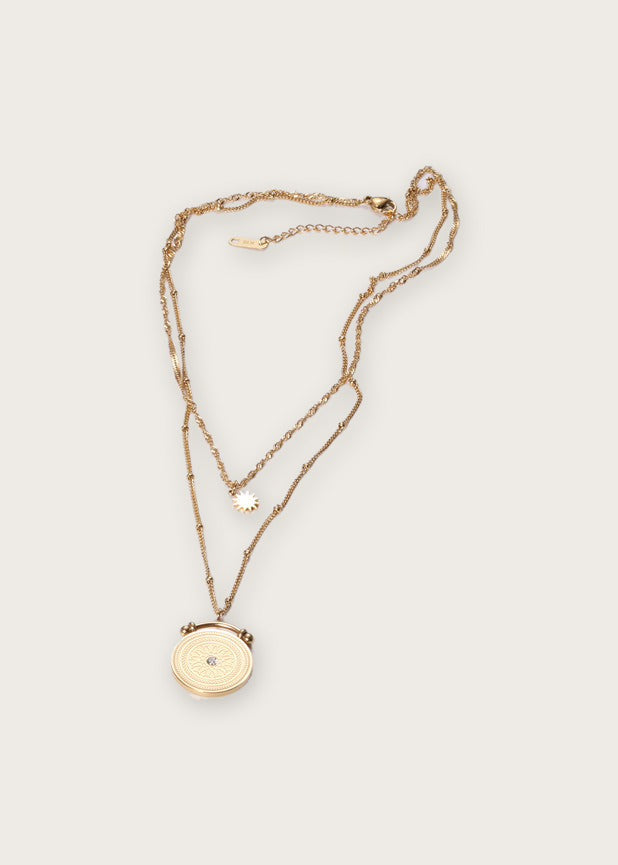 18k gold plated coin layered necklace, front