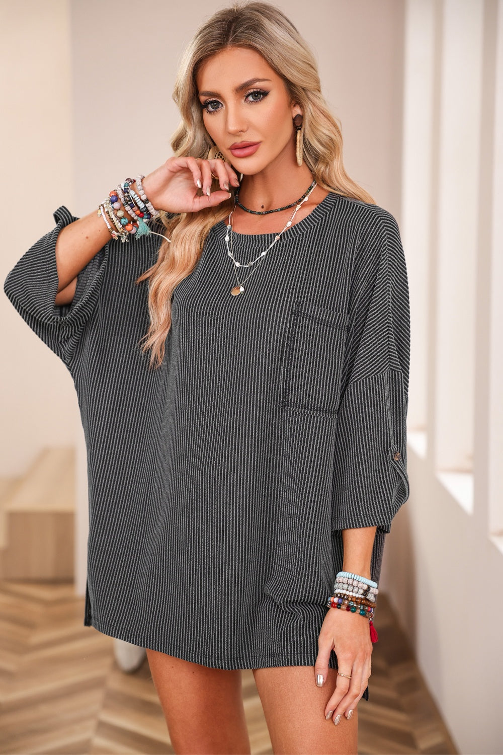 Round Neck Slit Roll-Tab Sleeve T-Shirt