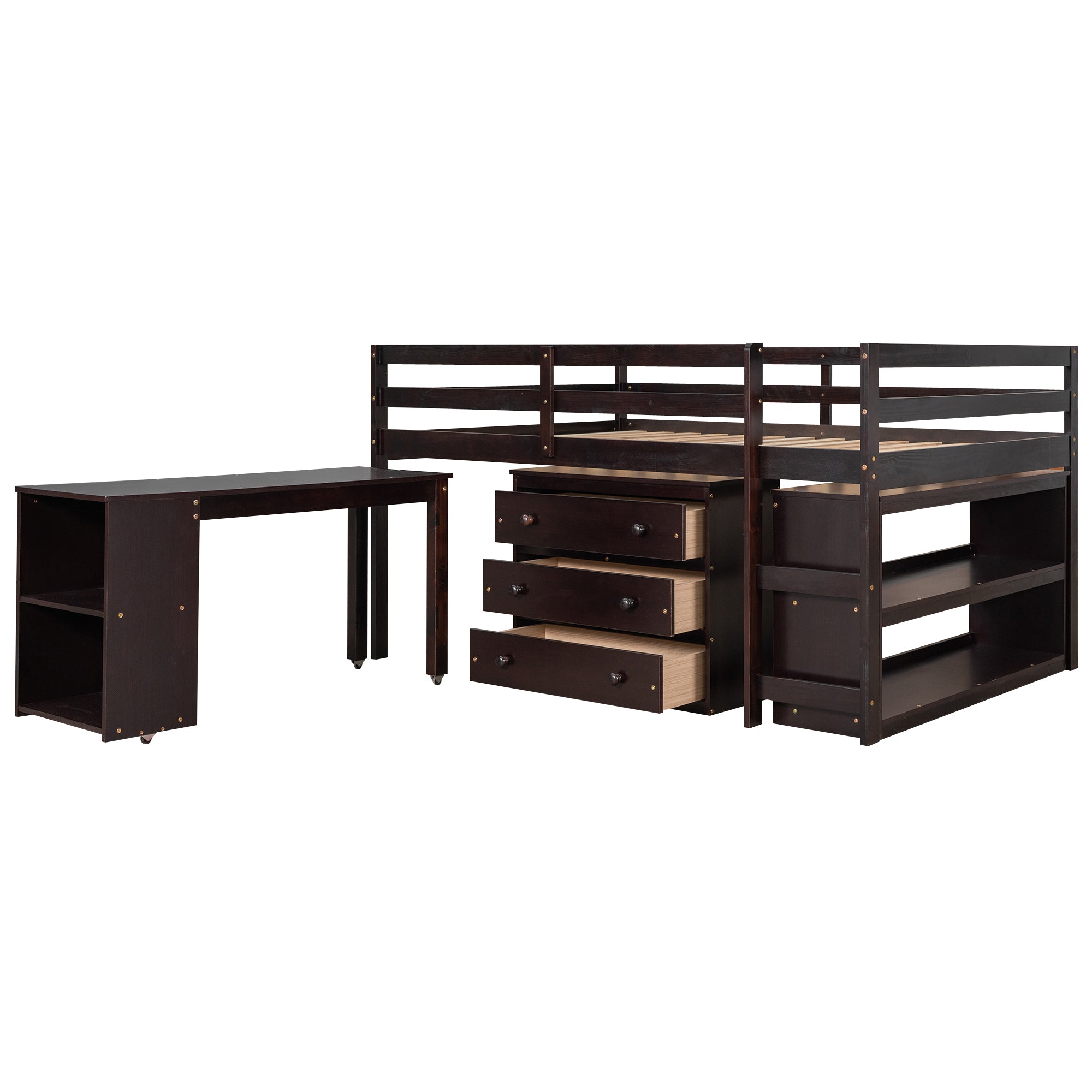 Low Study Full Loft Bed with Cabinet Shelves and Rolling Portable Desk Multiple Functions Bed- Espresso