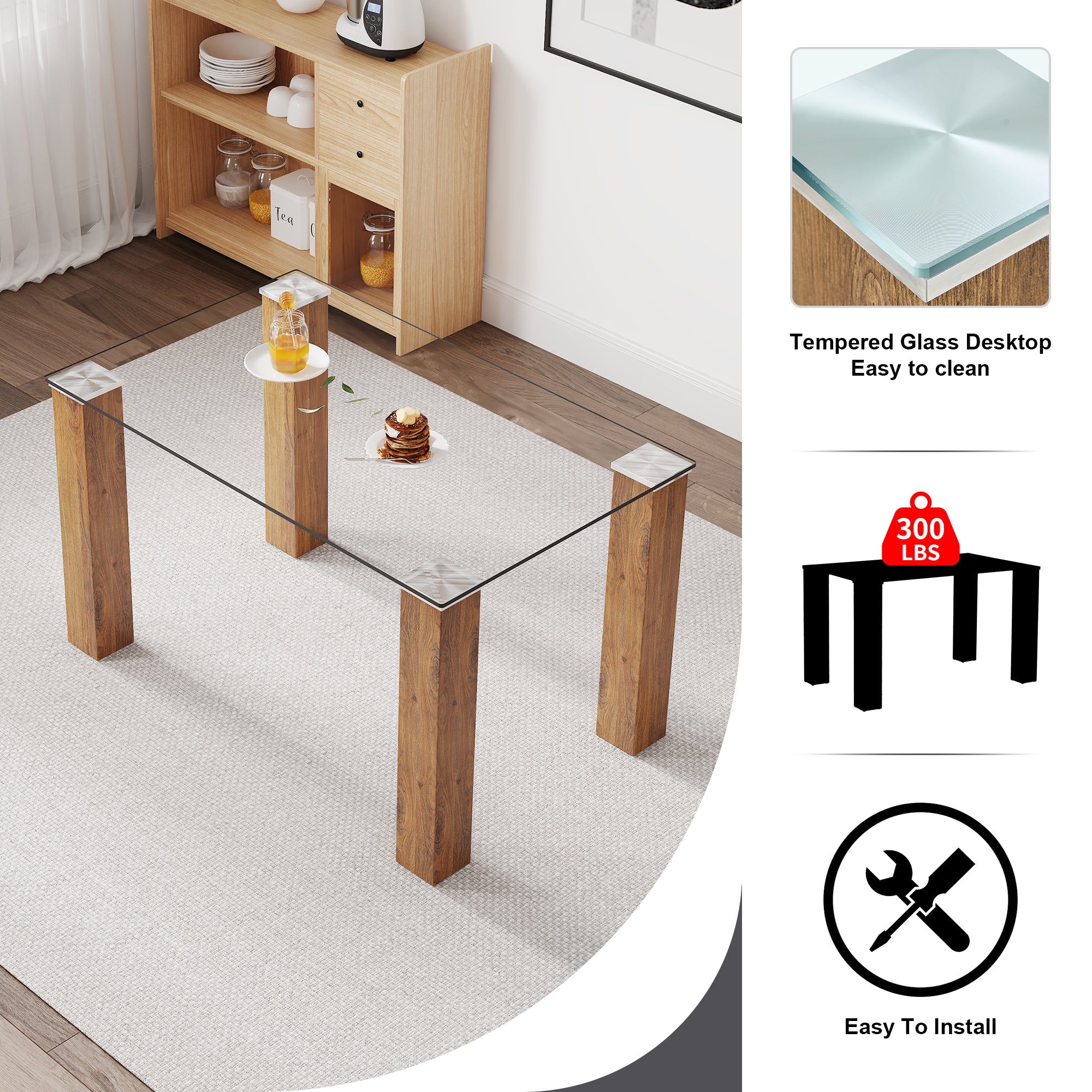 Modern minimalist rectangular dining table Glass desktop and wooden MDF table legs