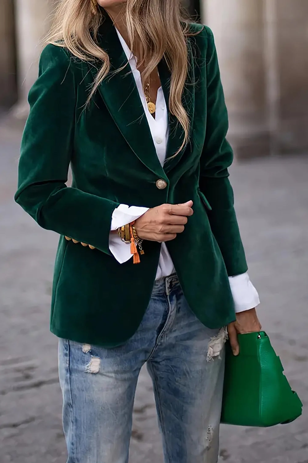 One button lapel collar long sleeve blazer, Black Forest