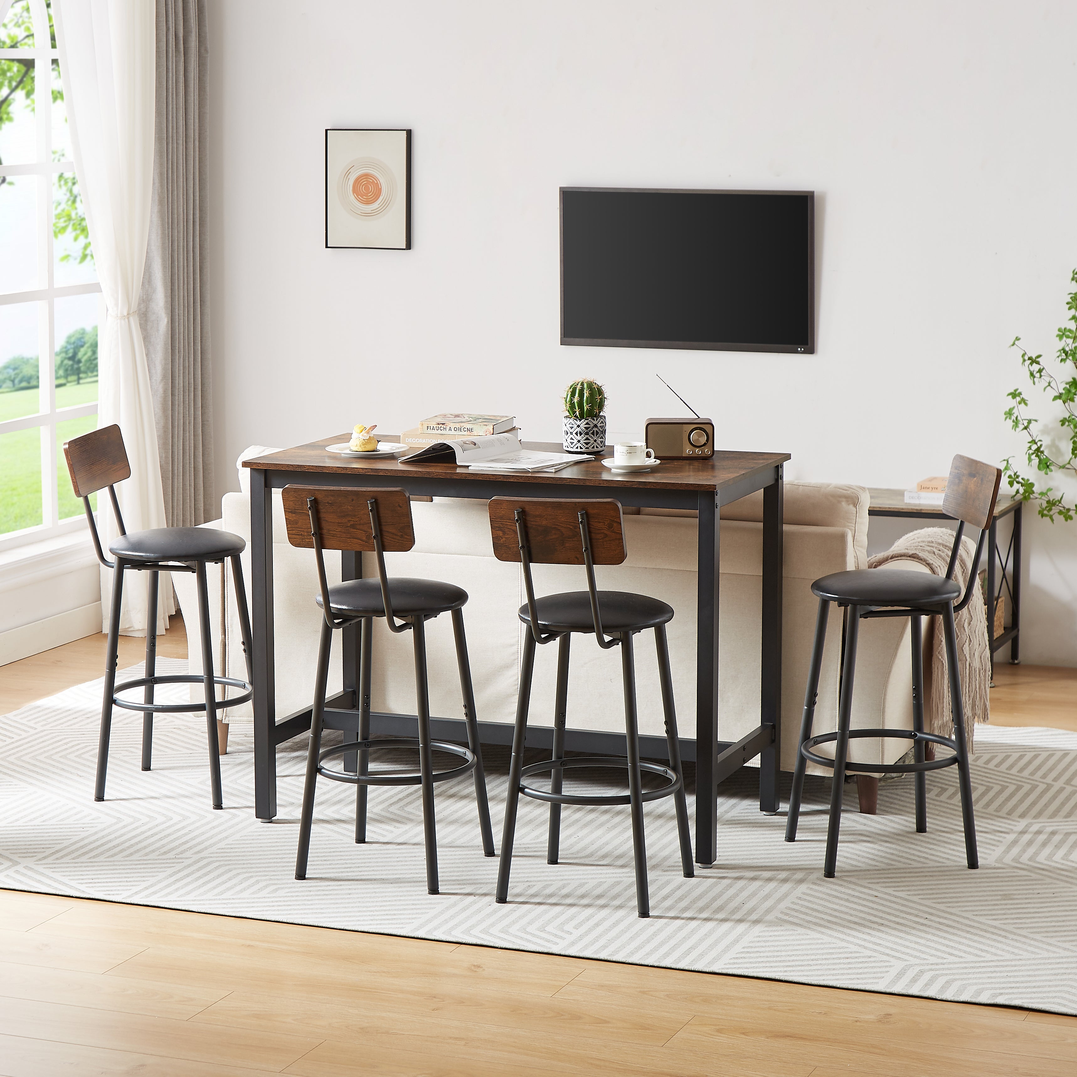 Bar Table Set with 4 Bar stools PU Soft seat with backrest Rustic Brown 47.24'' L x 23.62'' W x 35.43'' H