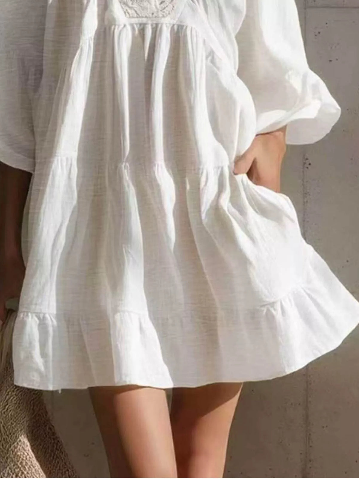 Lace-trim puff-sleeve dress