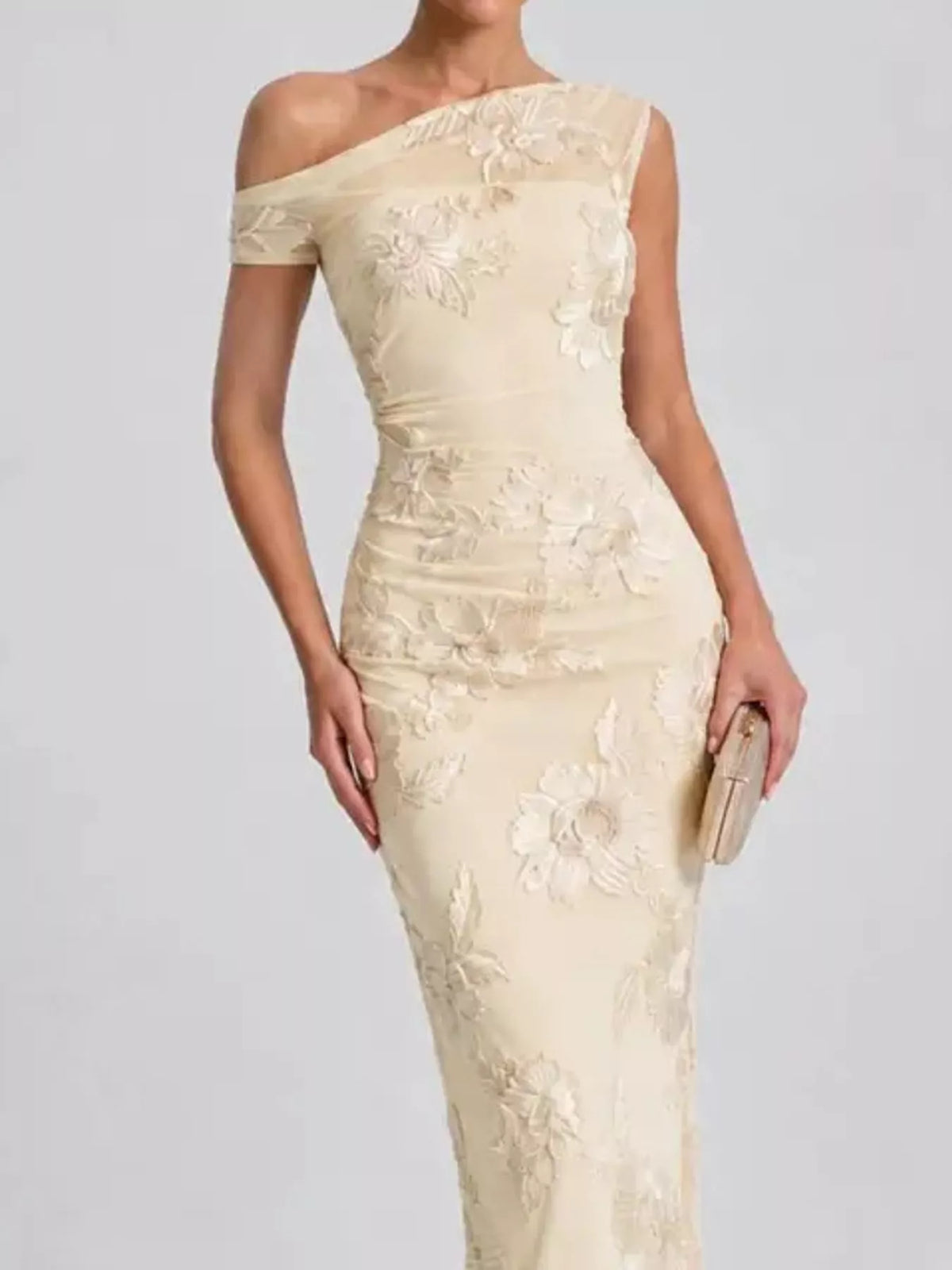 One-shoulder floral embroidered maxi dress