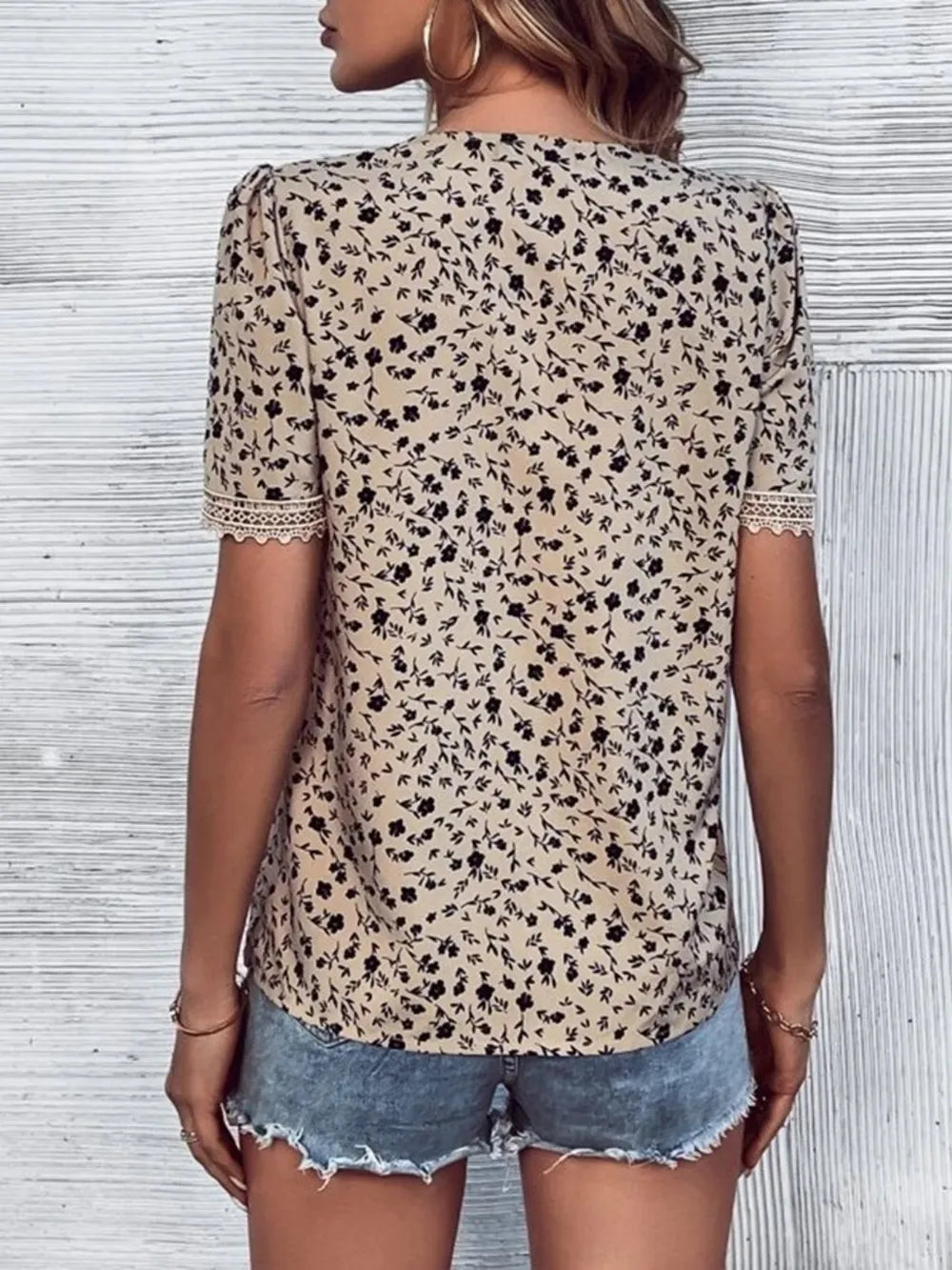 Women's V-neck lace casual solid color shirt