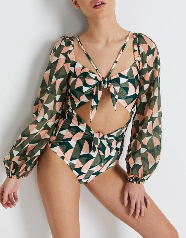 Breathable mesh long sleeved jumpsuit bikini printed deep V high waisted swimsuit