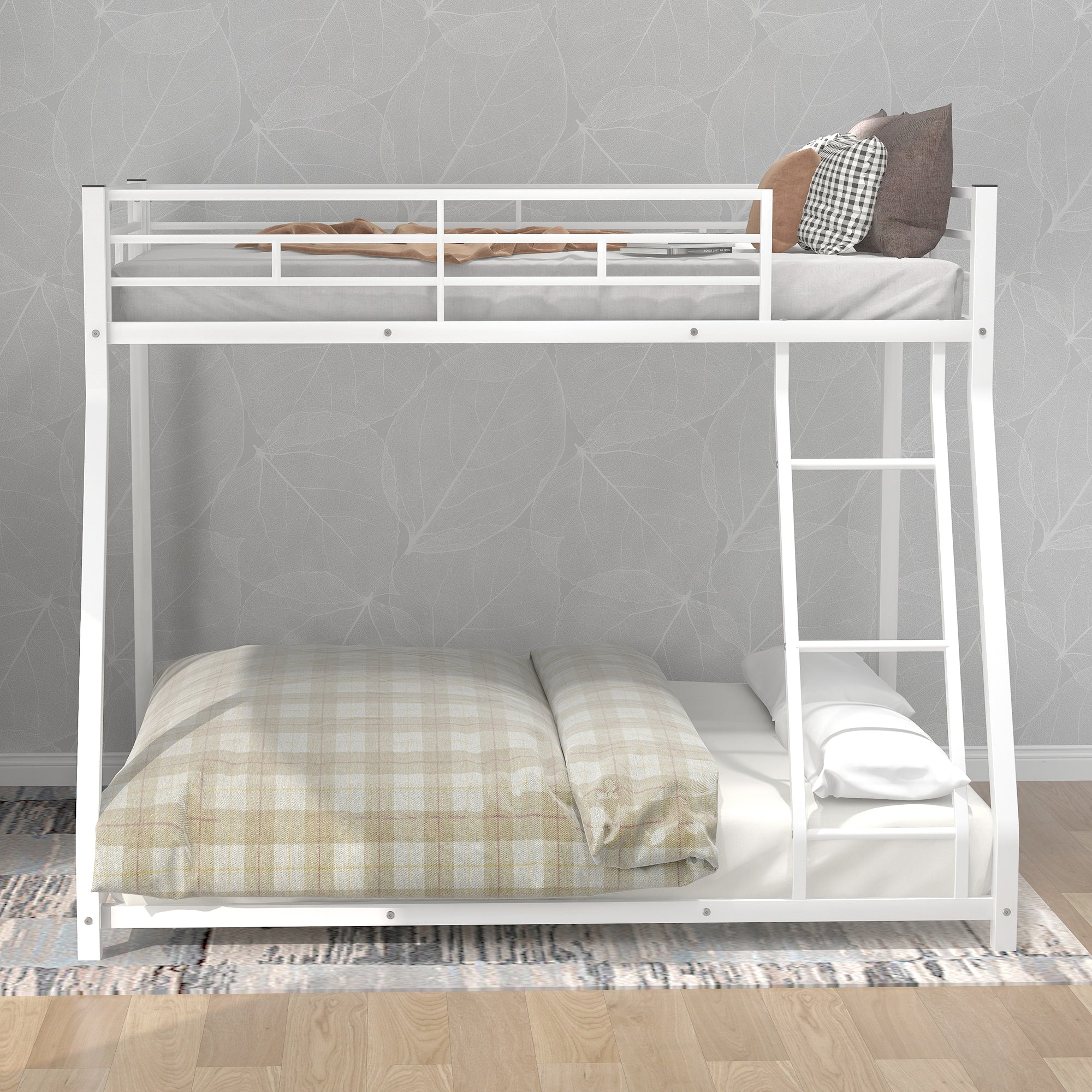 Metal Floor Bunk Bed  Twin over Full White