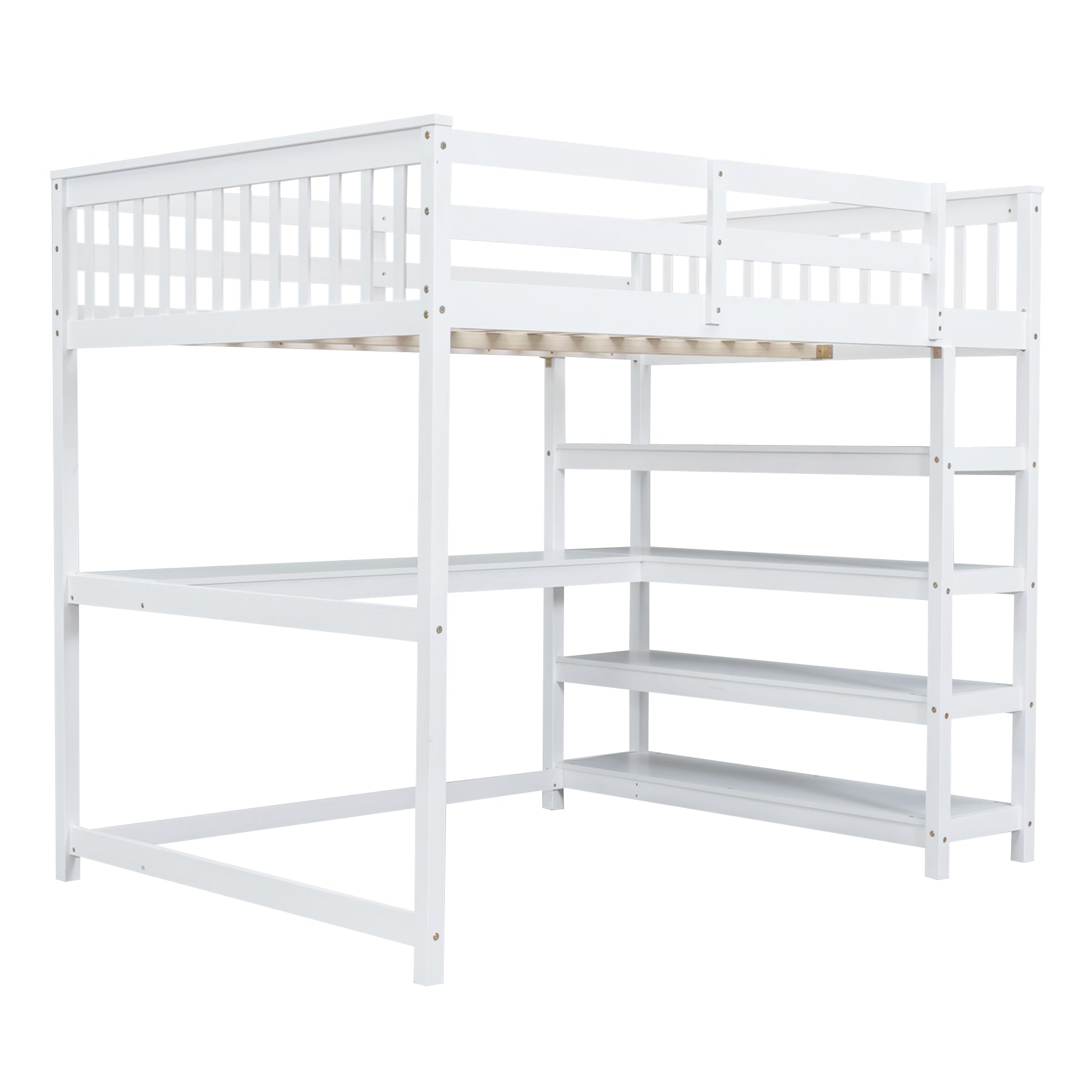 Full Size Loft Bed with Storage Shelves and Under-bed Desk  White