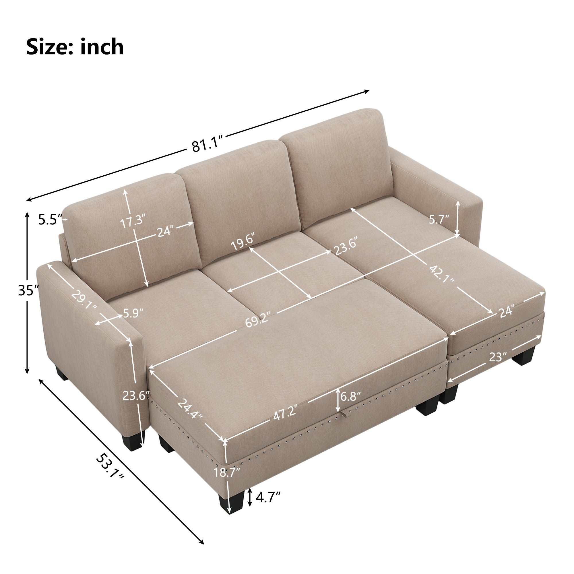 [New]81" Reversible Sectional Couch with Storage Chaise L-Shaped Sofa for Apartment Sectional Set Warm Grey