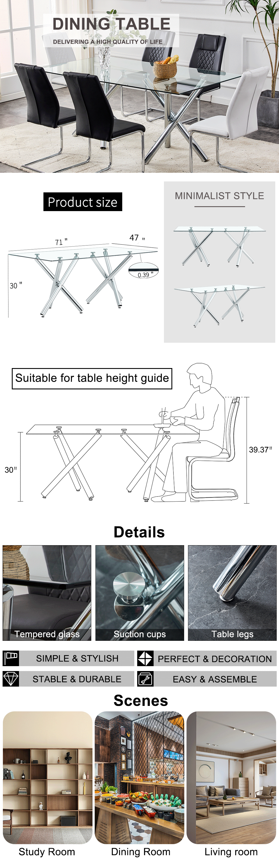 Large Modern Minimalist Rectangular Glass Dining Table for 6-8