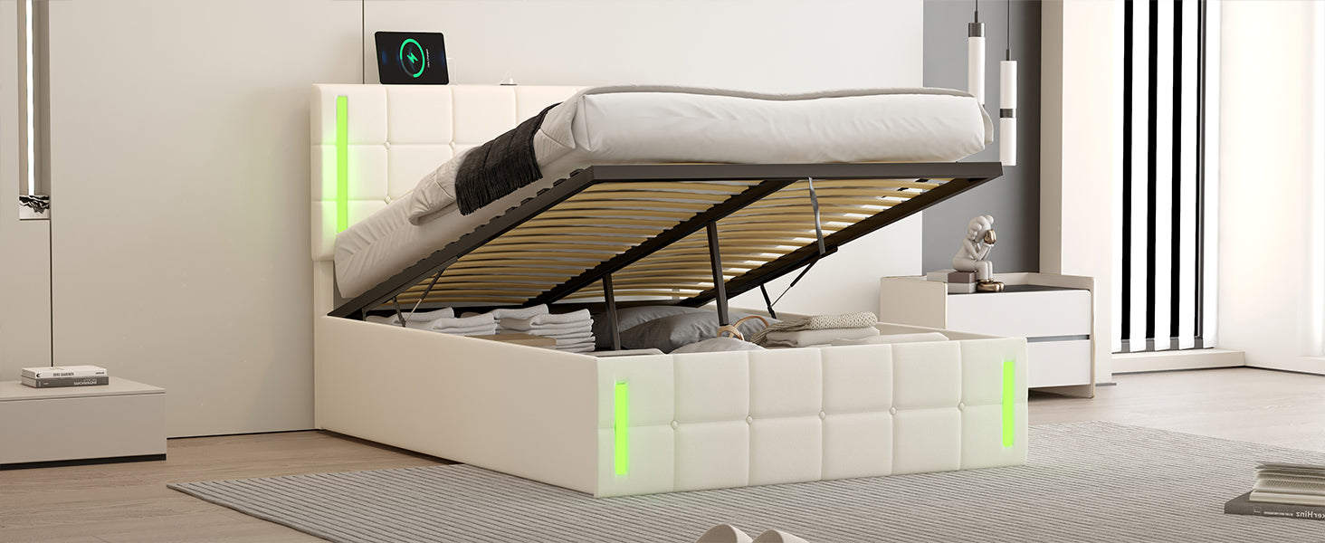 Full Size Upholstered Bed with LED Lights,Hydraulic Storage System and USB Charging Station,White