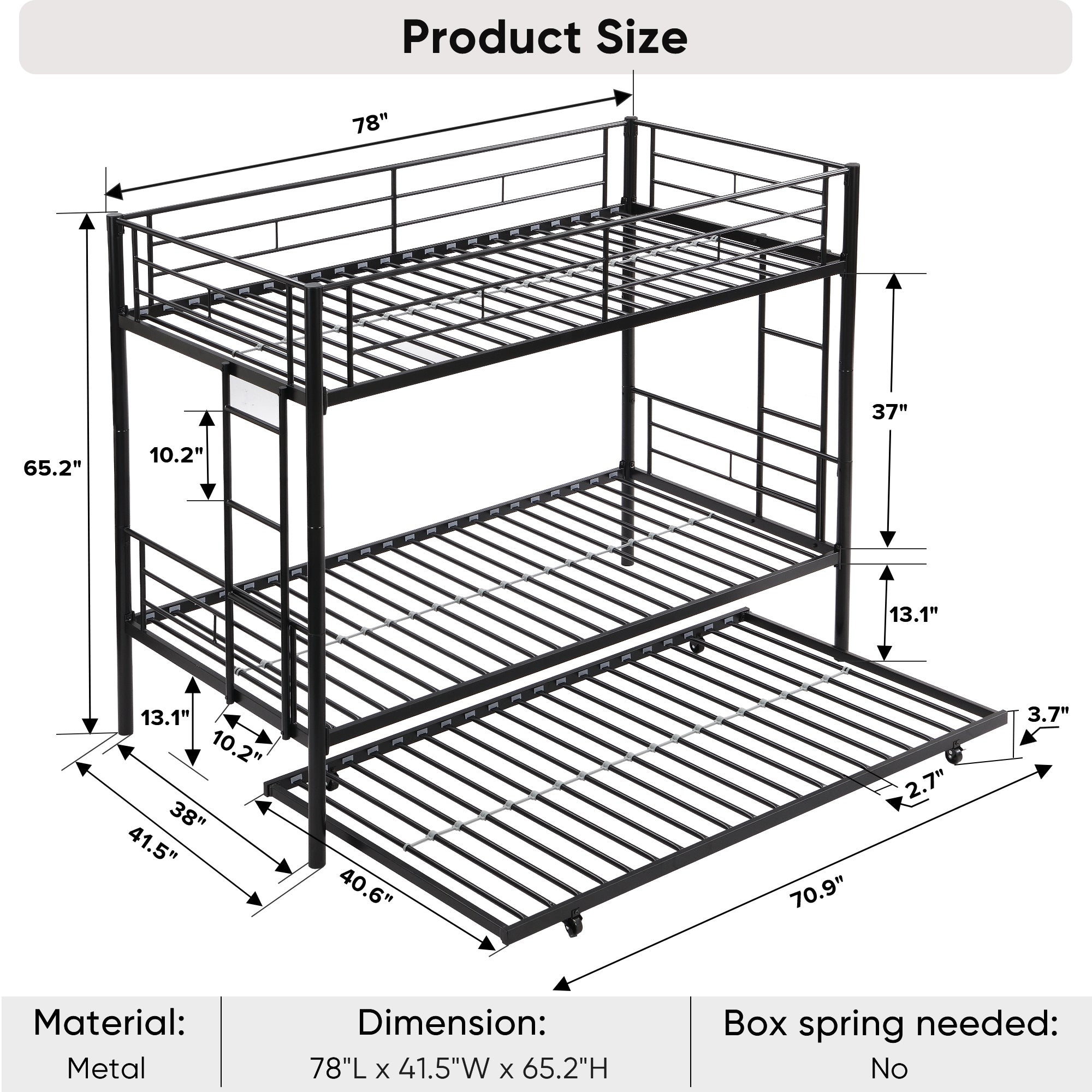 Twin bunk bed frame with trailer, metal bunk bed with sturdy guardrail and side ladder, can be divided into two beds, black