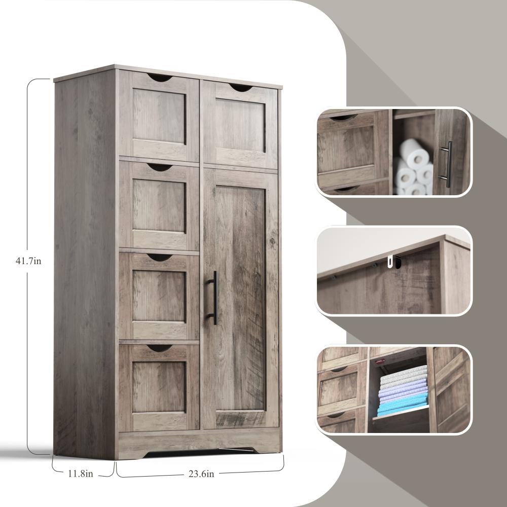 Bathroom Storage Cabinet with Storage 5 Drawers and 1 Door, Entryway Cabinet with Adjustable Shelf Grey