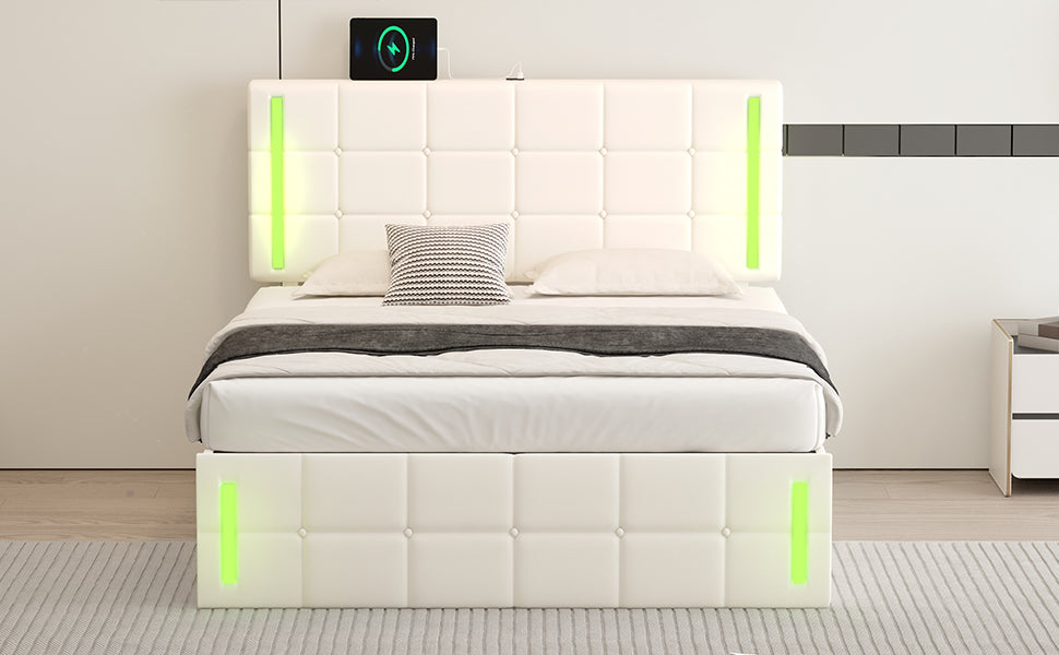 Full Size Upholstered Bed with LED Lights,Hydraulic Storage System and USB Charging Station,White