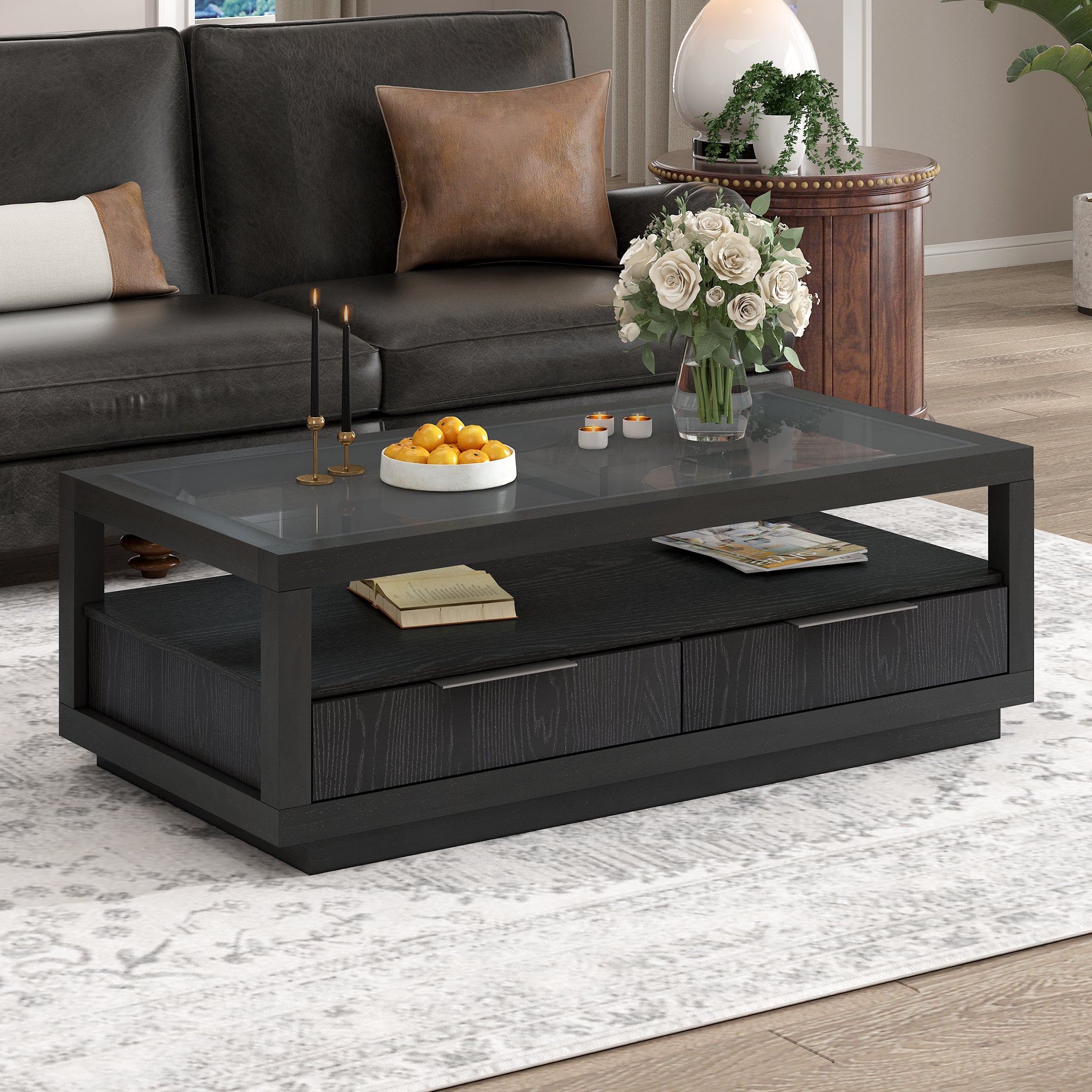 U-Can modern wooden coffee table with 2 drawers and minimalist display coffee table with transparent tempered glass