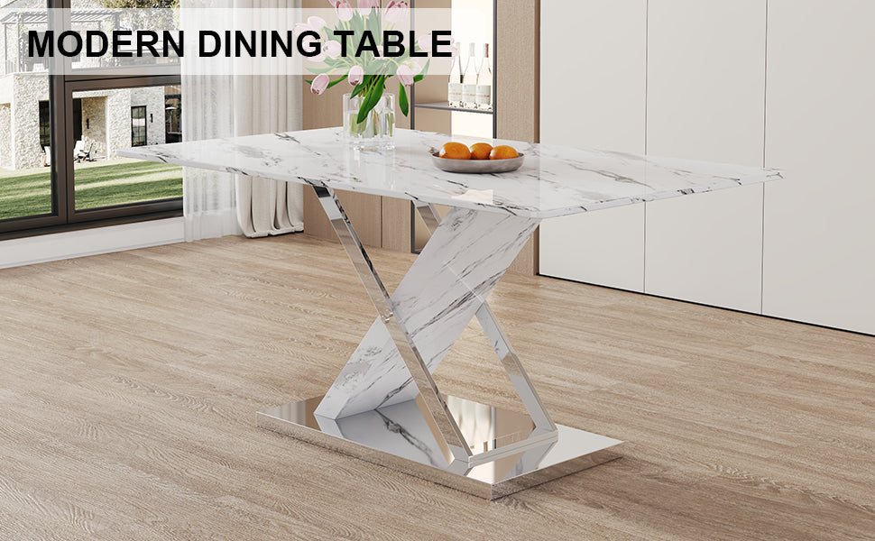 Modern white rectangular marble textured glass dining table and office desk Equipped with stainless steel base