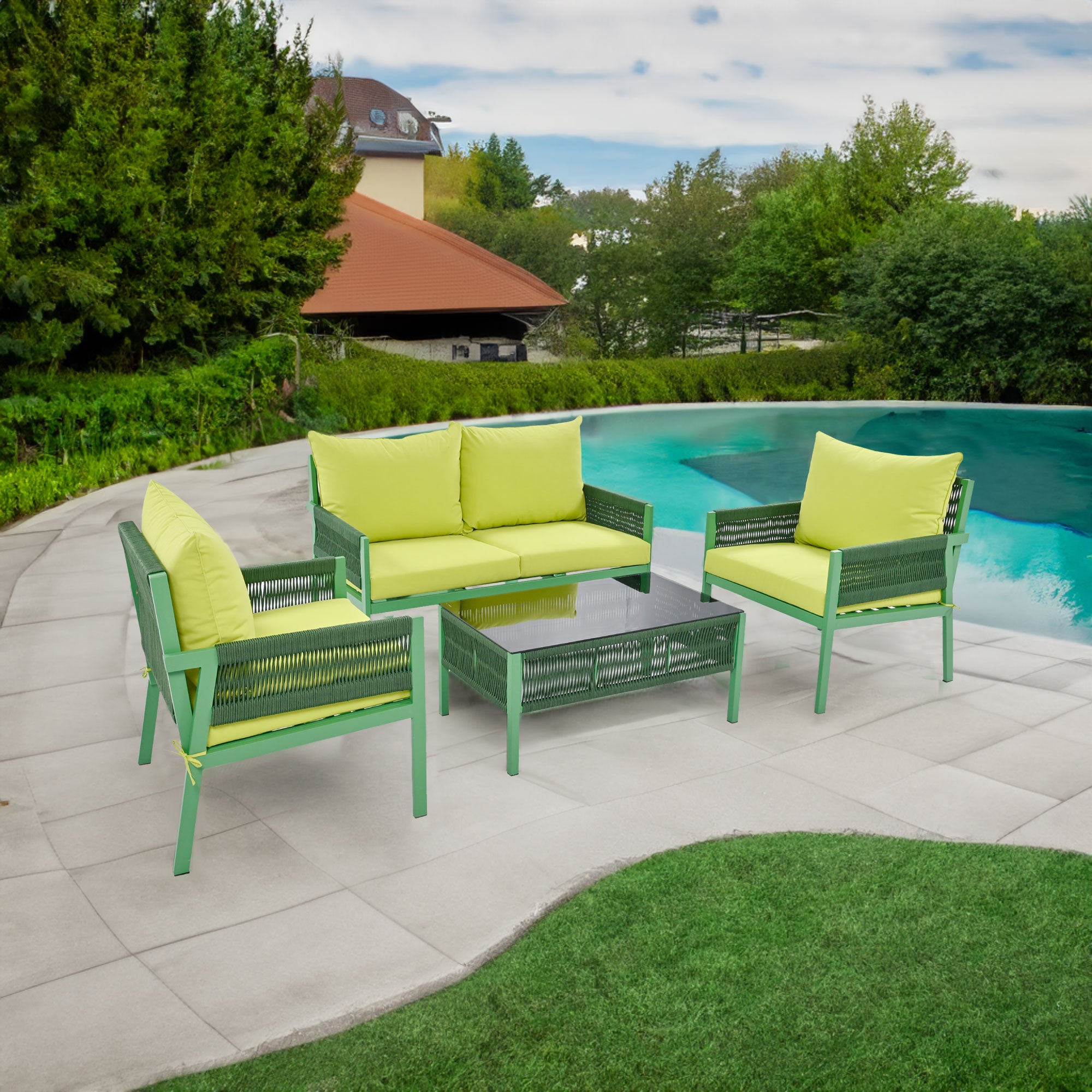 Outdoor Furniture with Tempered Glass Table,  Set Deep Seating with Thick Cushion  (Fluorescent Yellow & Green)