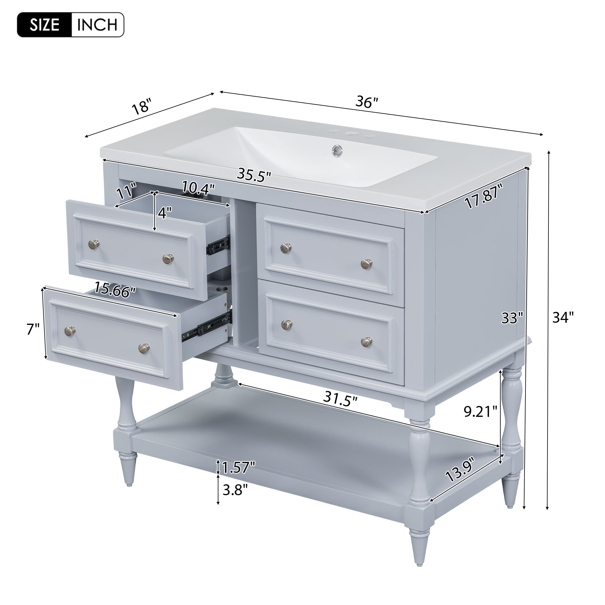 36'' Bathroom Vanity with Medicine Cabinet, Modern Mirror Cabinet with Adjustable Shelf, Bathroom Storage Cabinet with 4 Drawers