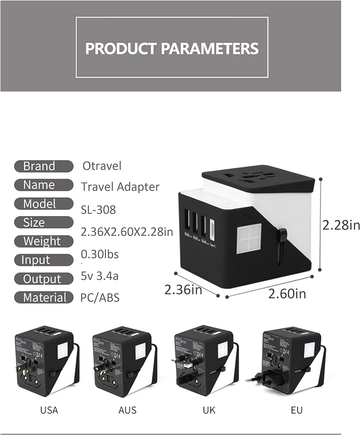 3 USB + 1 Typc C International Power Adapter for Europe, UK, China, Australia, Japan and More 200 Countries (Black White)