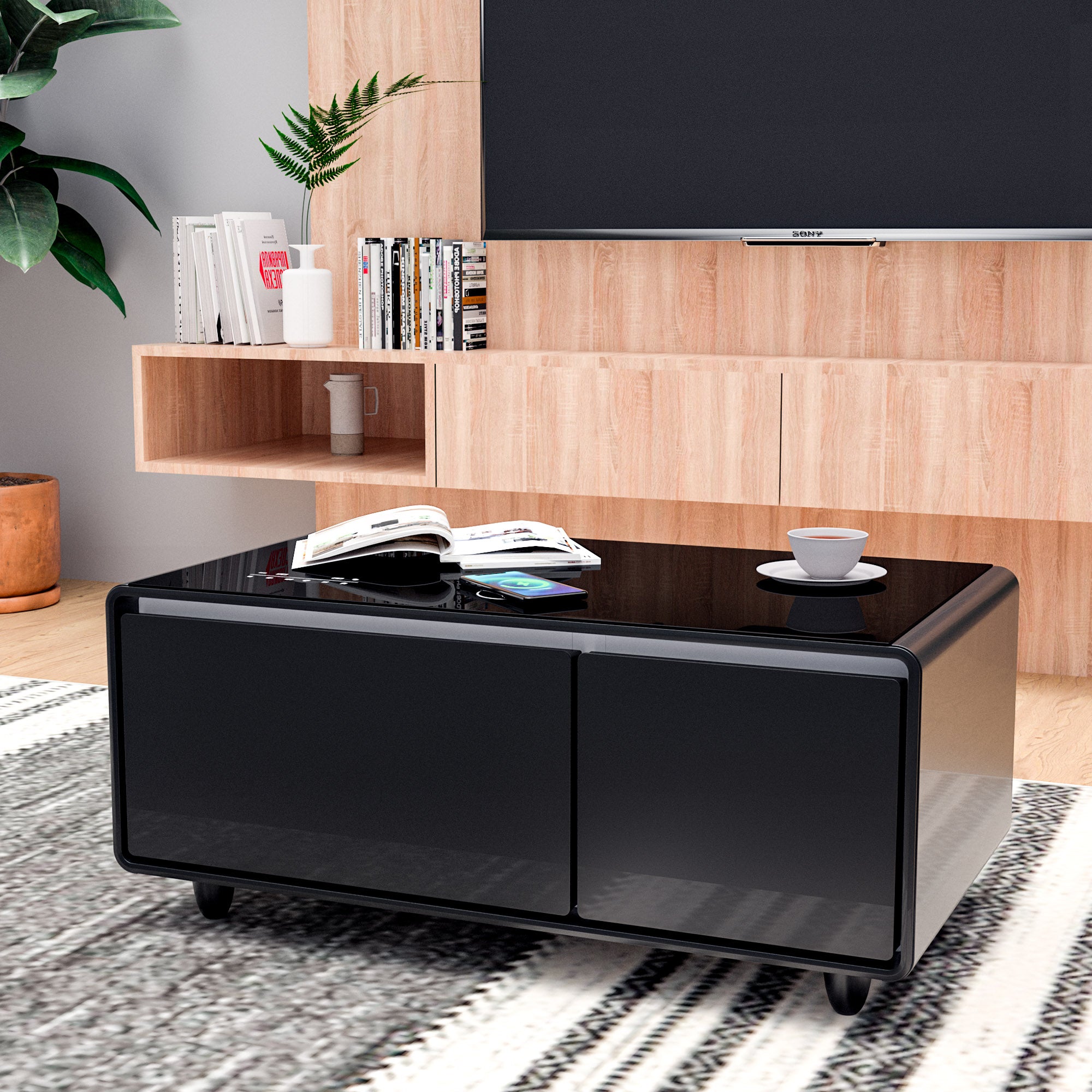 Modern Smart Coffee Table with Built-in Fridge, Bluetooth Speaker, Wireless Charging, Touch Control Panel, USB Interface Black