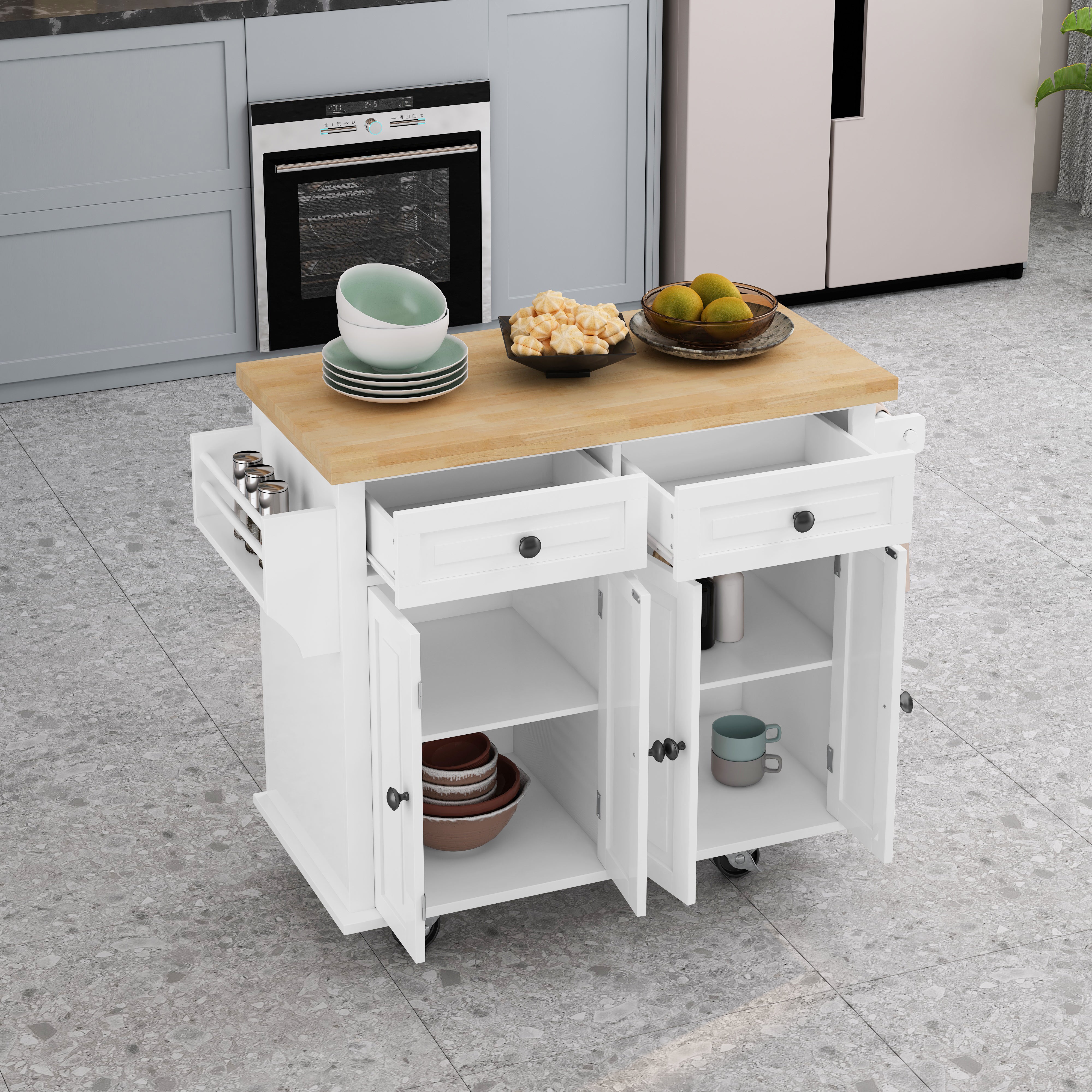 Kitchen Island Cart with Two Storage Cabinets and Two Locking Wheels 43.31 Inch Width 4 Door Cabinet and Two Drawers Spice Rack