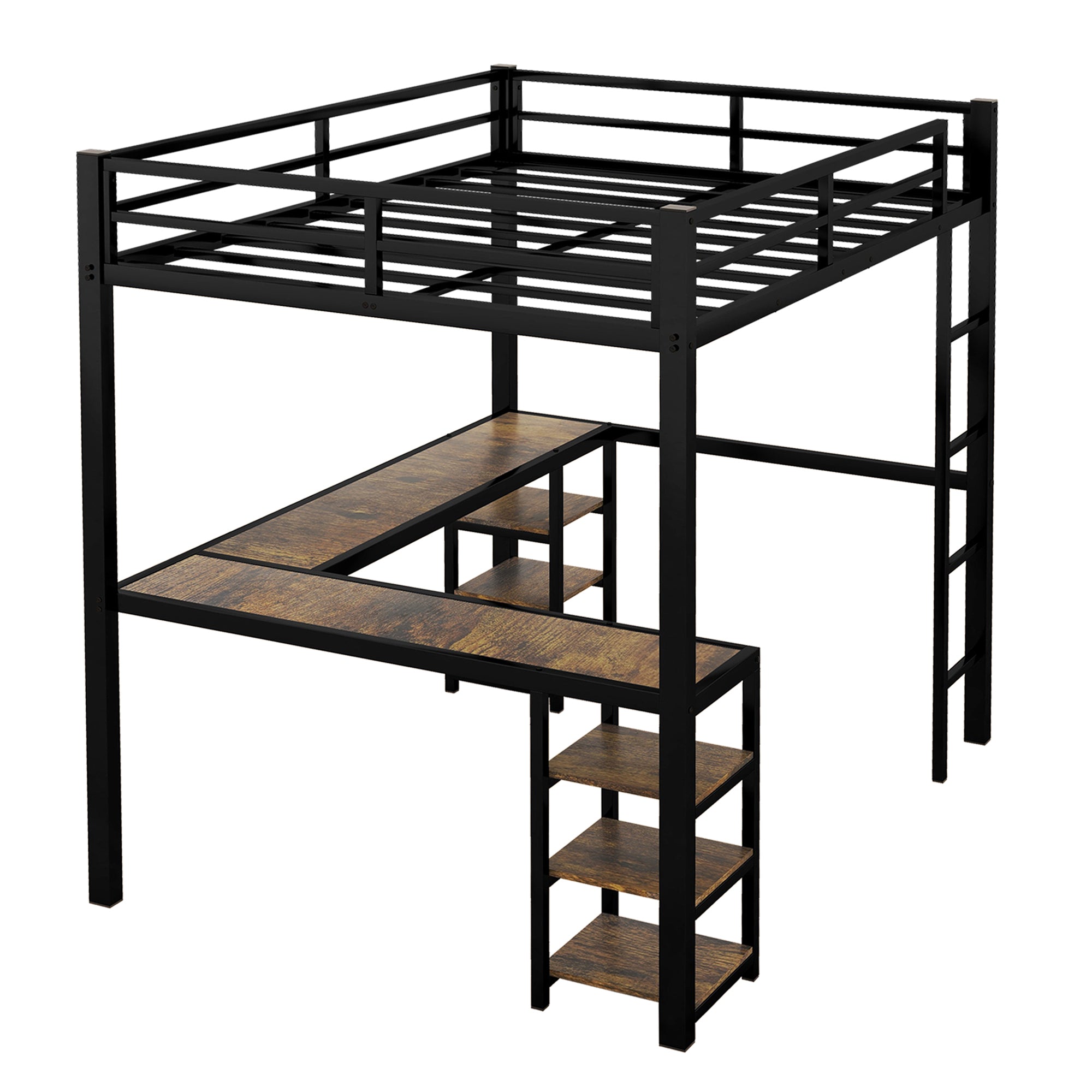 Full metal loft bed with desk and shelf, loft bed with ladder and guardrail, bedroom loft bed frame, black