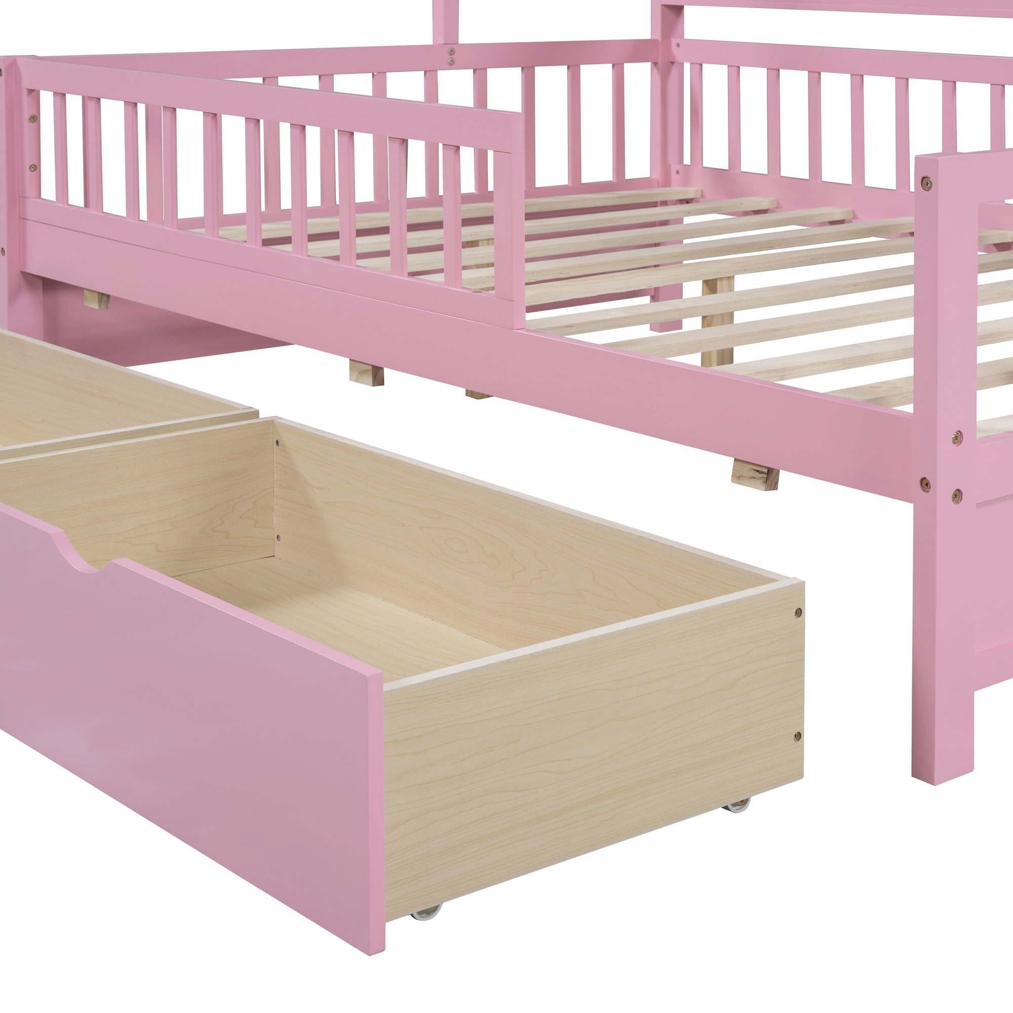 Wooden Full Size House Bed with 2 Drawers Kids Bed with Storage Shelf Pink