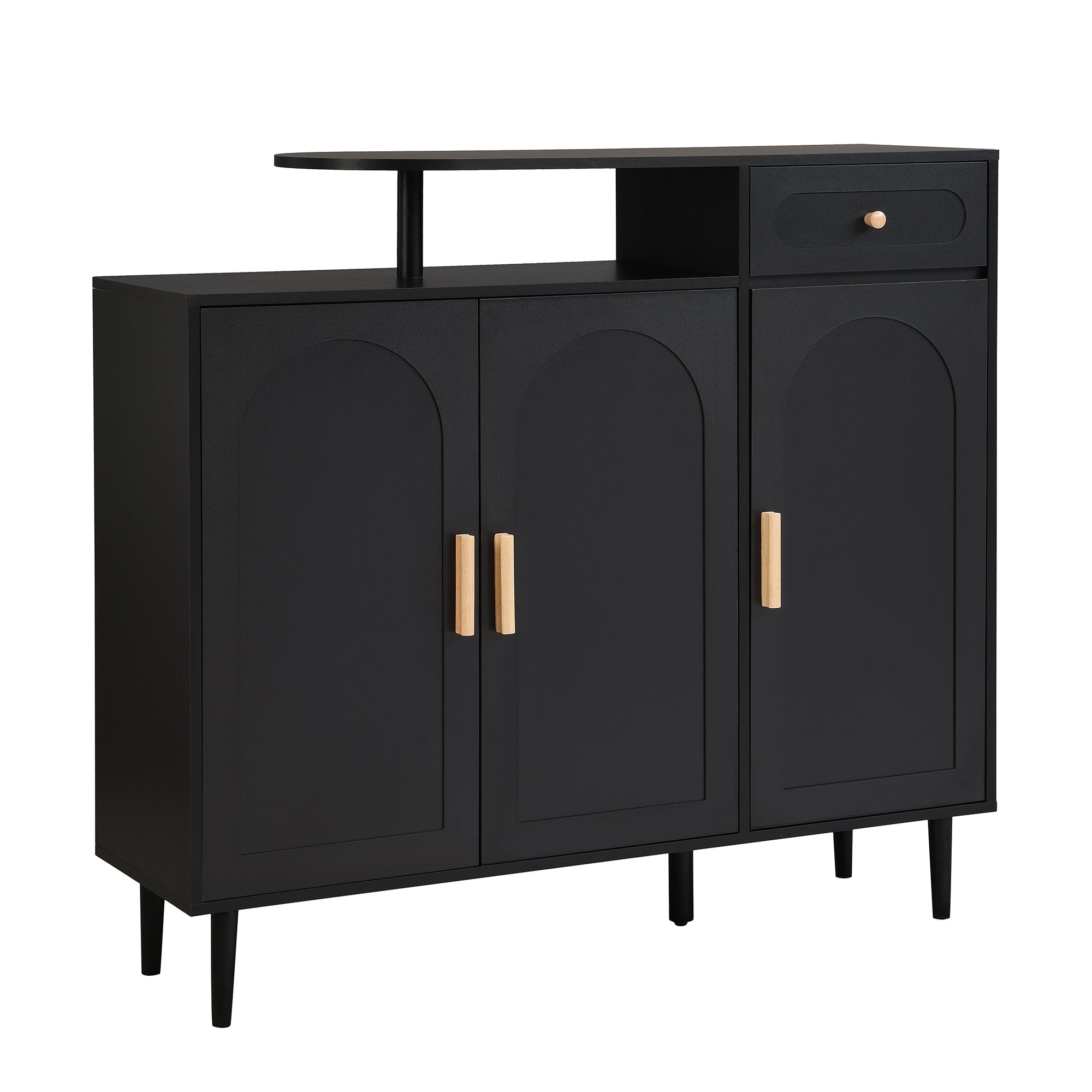 ON-TRANS Elegant Shoe Cabinet with Arched Doors and Drawers, Storage Side Panels, Adjustable Shelves and Solid Wood Legs, Black