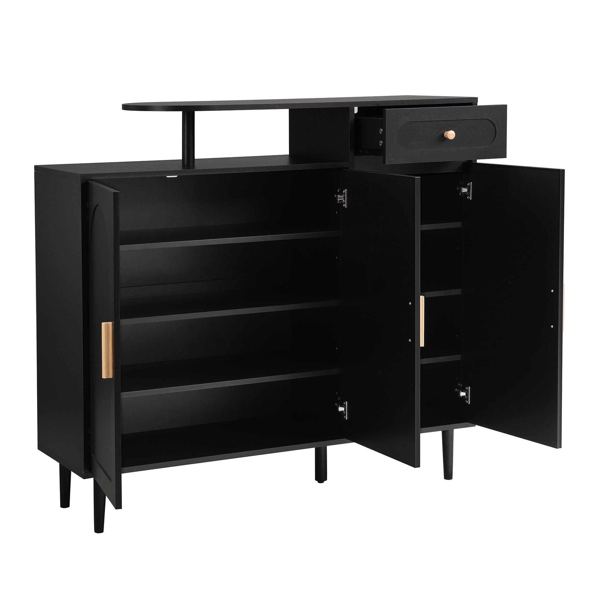 ON-TRANS Elegant Shoe Cabinet with Arched Doors and Drawers, Storage Side Panels, Adjustable Shelves and Solid Wood Legs, Black