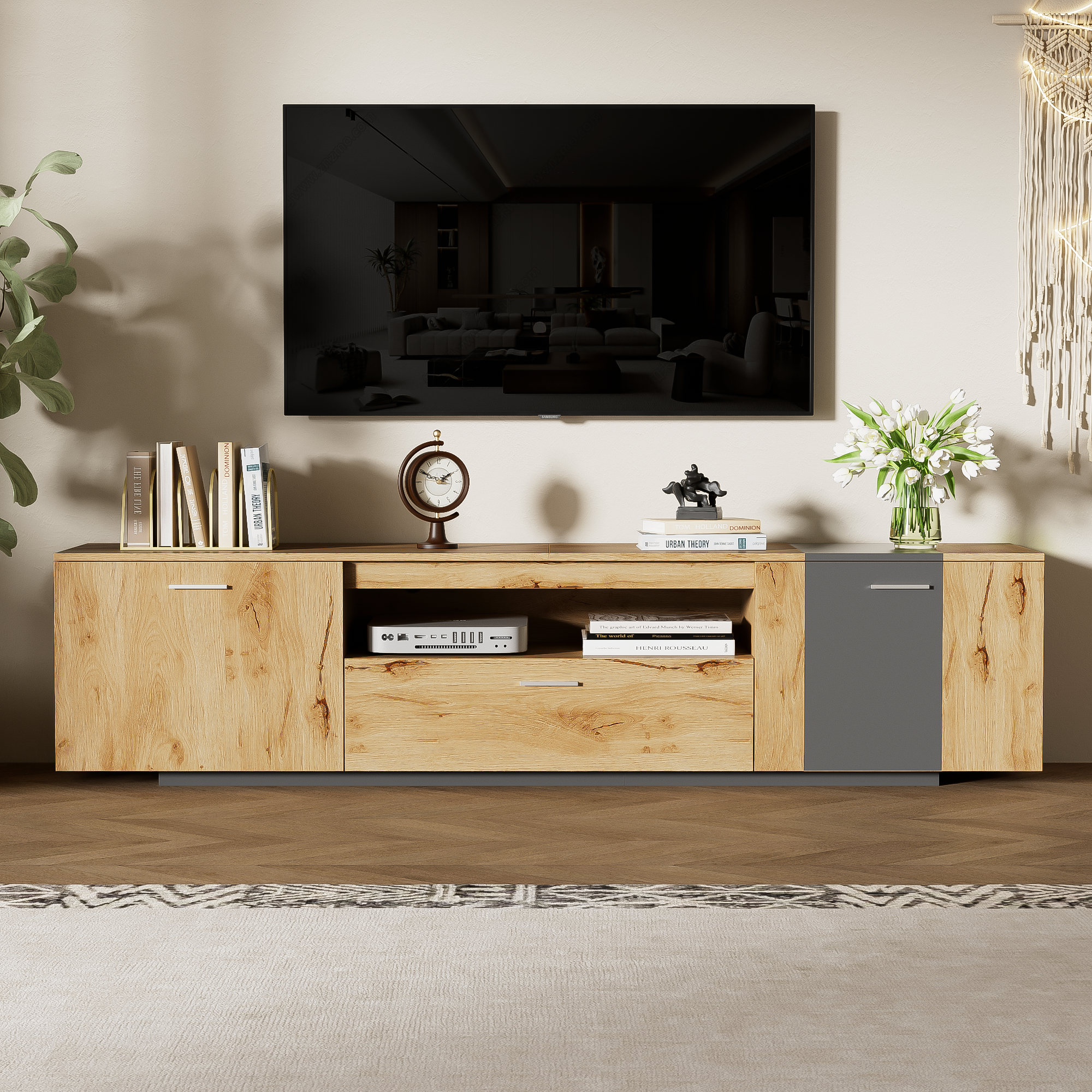 70 inch modern TV stand with 3 cabinets and drawers, entertainment center can accommodate TVs under 80 inches